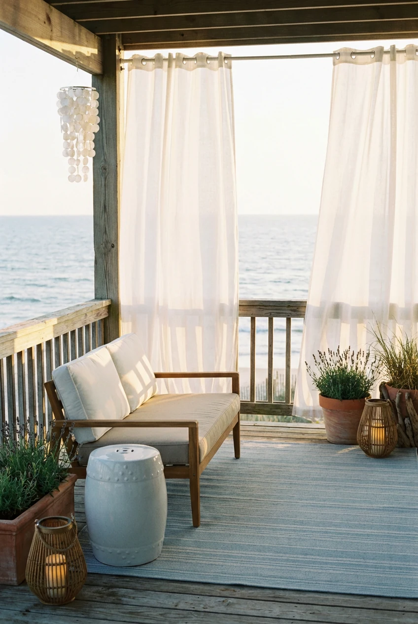 2. A photorealistic medium straight-on view of a coastal calm balcony in soft golden-hour light: slim teak loveseat with