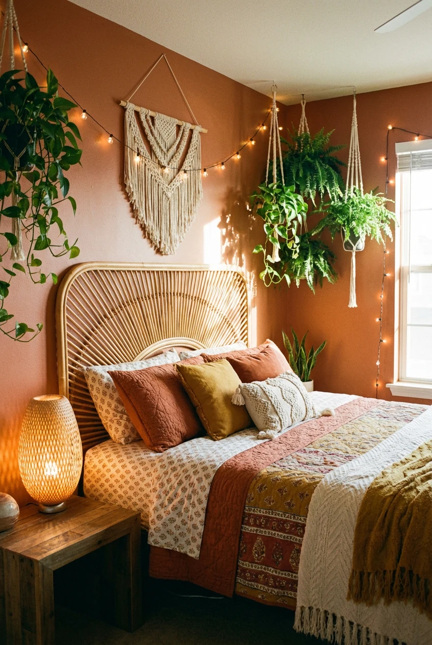 Medium corner view of a cozy boho bedroom featuring a rattan headboard against warm earthy-toned walls, bed dressed in l