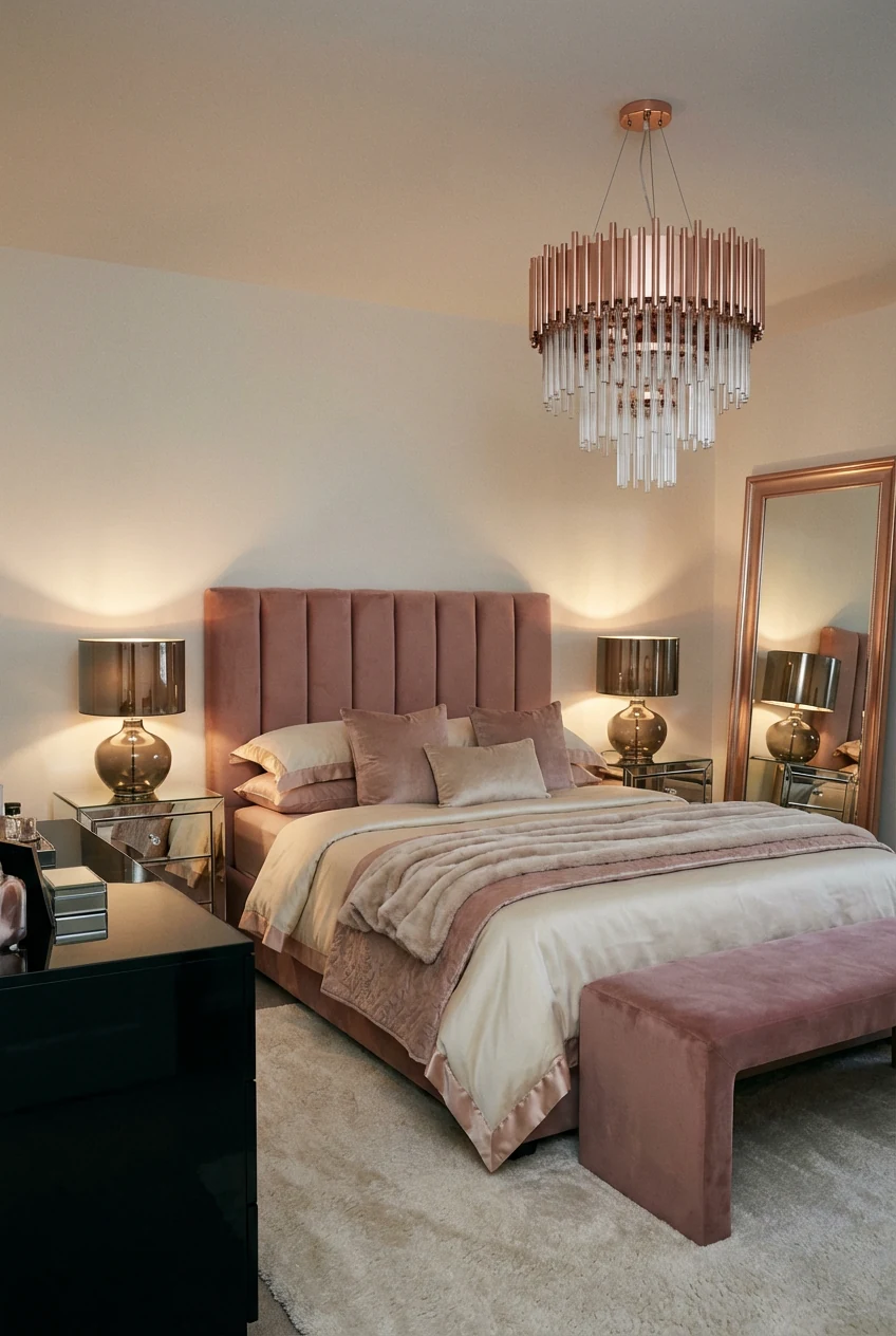 Photorealistic medium straight-on view of a Hollywood glam bedroom at evening: channel-tufted dusty pink velvet headboar