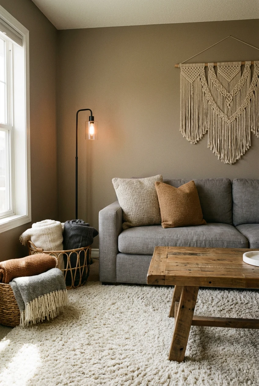 Medium-angle photorealistic view of a rustic modern living room corner featuring warm taupe walls, a medium-gray sofa wi