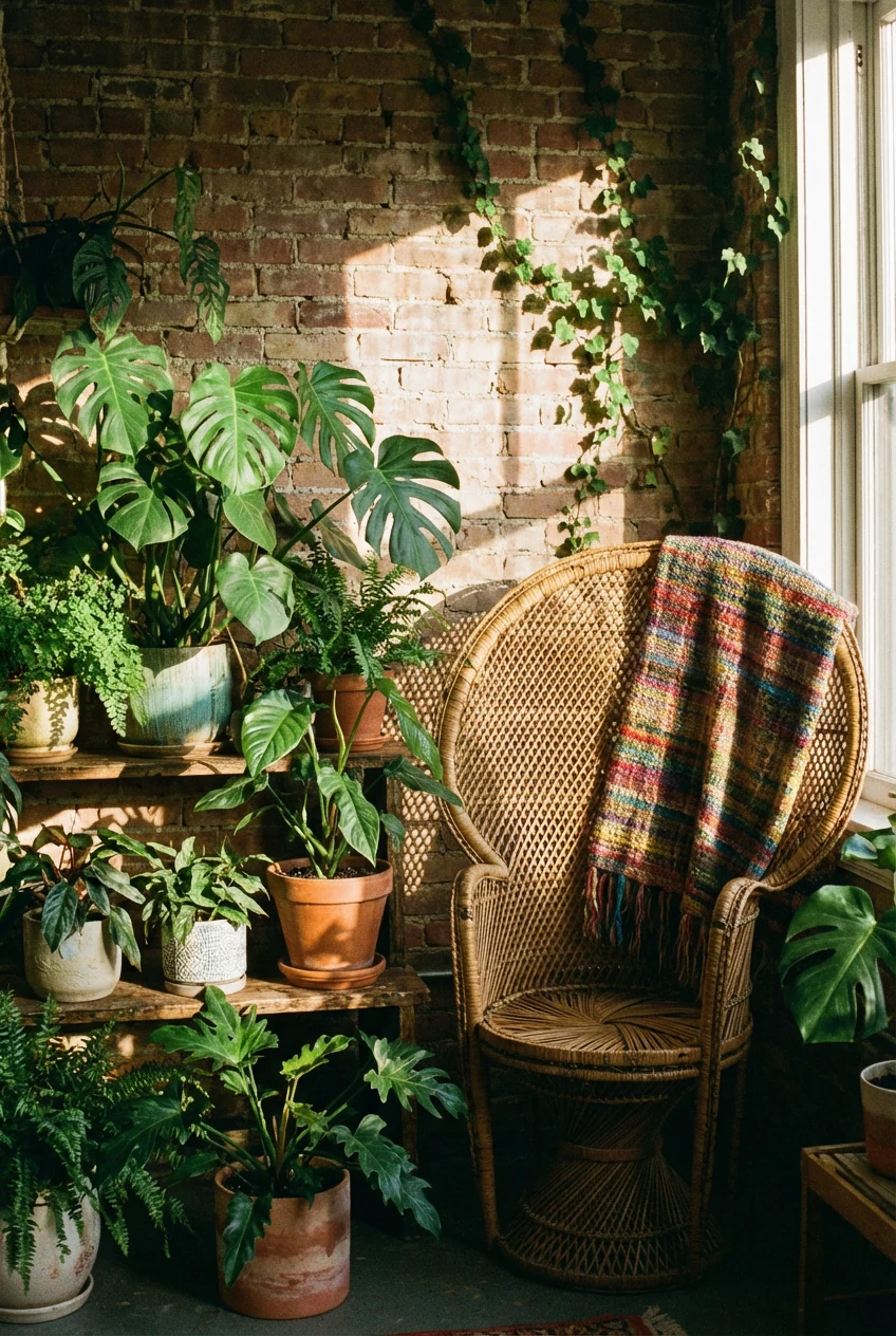 Closeup of an urban jungle nook with a cluster of leafy plants in mismatched ceramic and terracotta pots, a vintage ratt