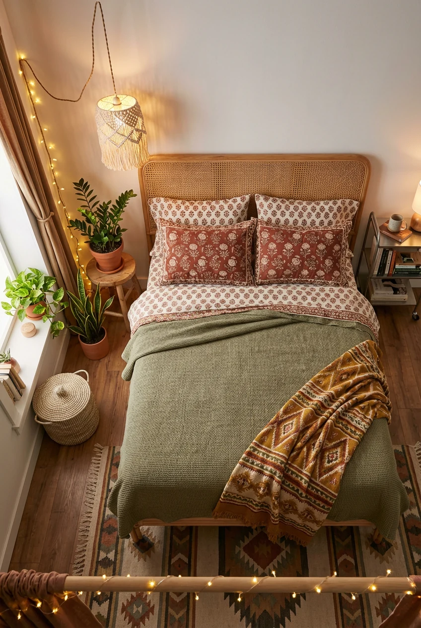 Photorealistic overhead shot of an eclectic boho bedscape: woven rattan headboard, mixed prints—block-printed shams, tex