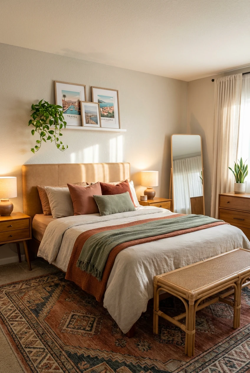Photorealistic medium shot from a corner angle of an earthy boho bedroom: camel upholstered headboard, warm wood nightst
