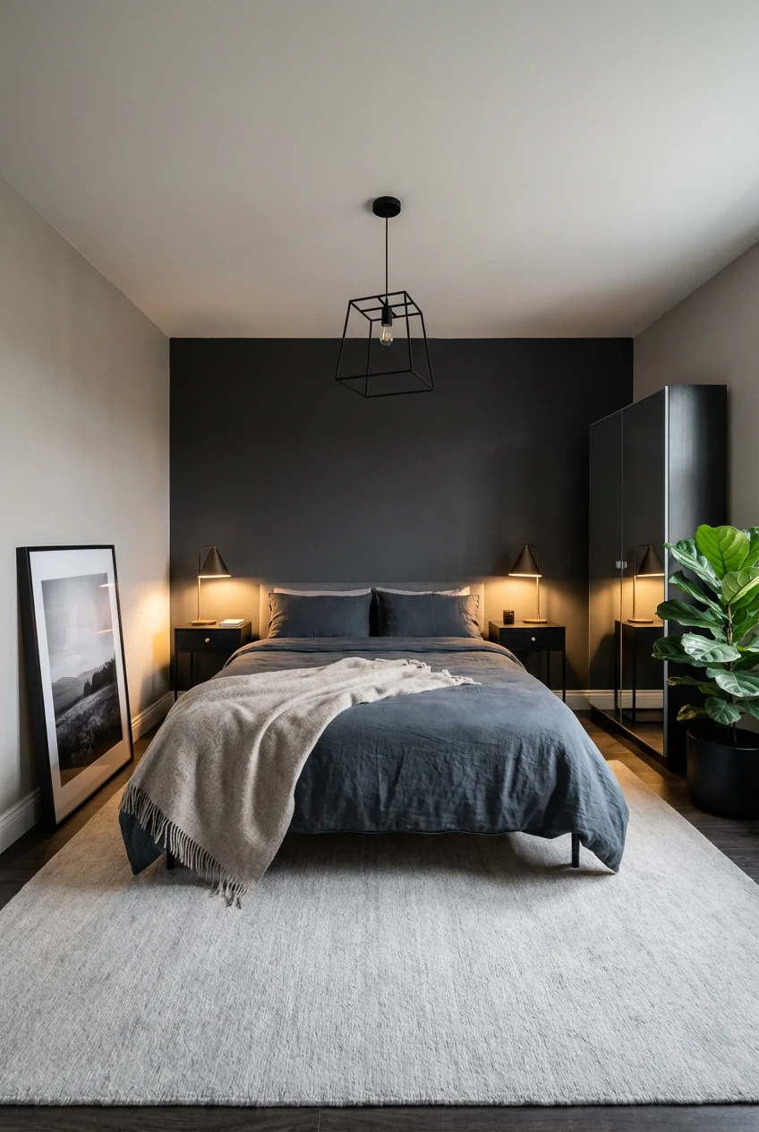 2. Straight-on wide shot of a moody charcoal minimal bedroom: charcoal accent wall behind the bed, other walls in warm l