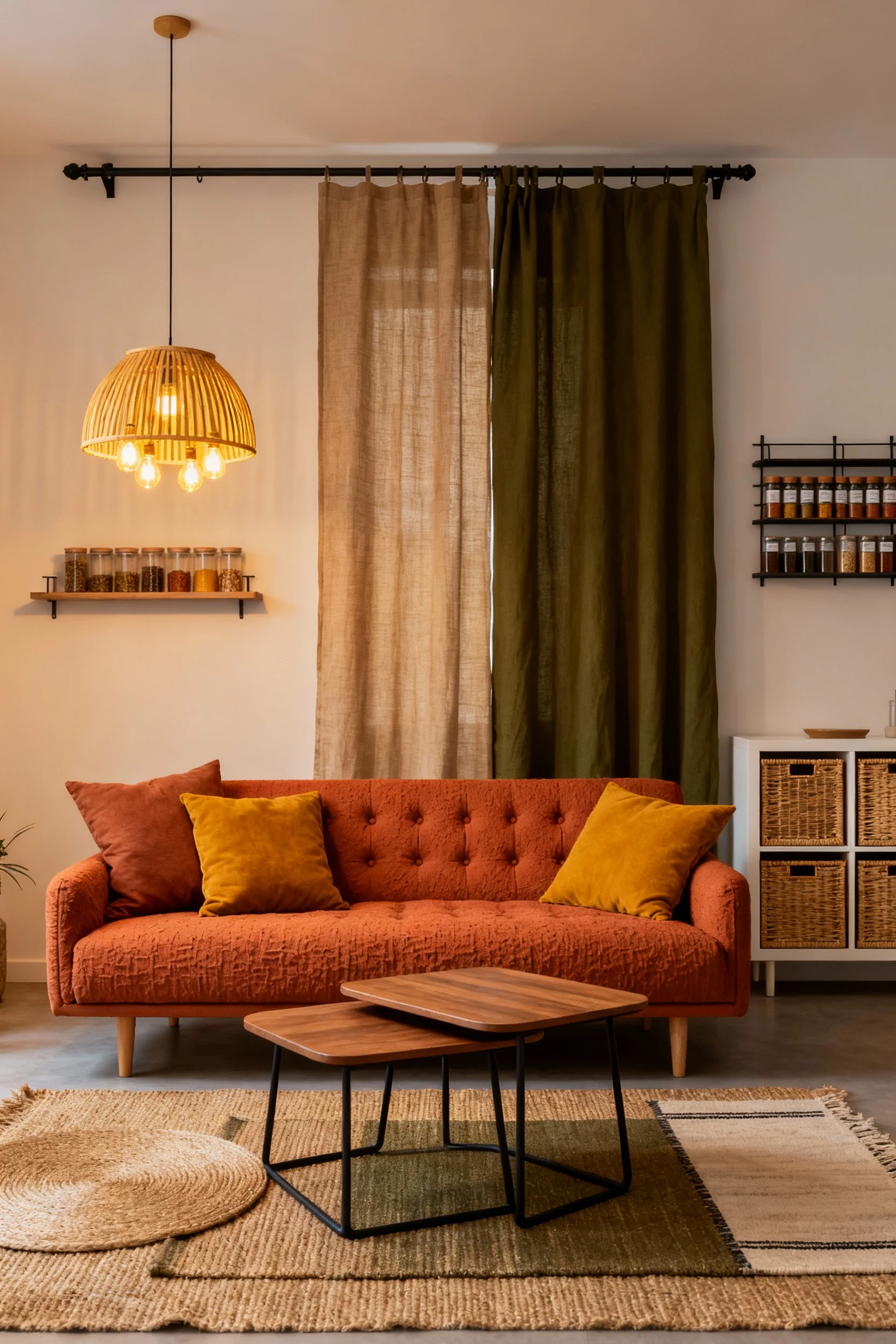 Medium, straight-on lounge vignette in earthy terracotta, mustard, and deep olive: KLIPPAN loveseat in a tufted textured