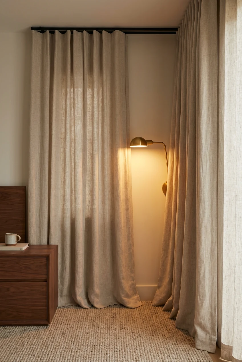 2. Detailed closeup, straight-on: ceiling-mounted black track with floor-to-ceiling oatmeal linen curtains puddling soft