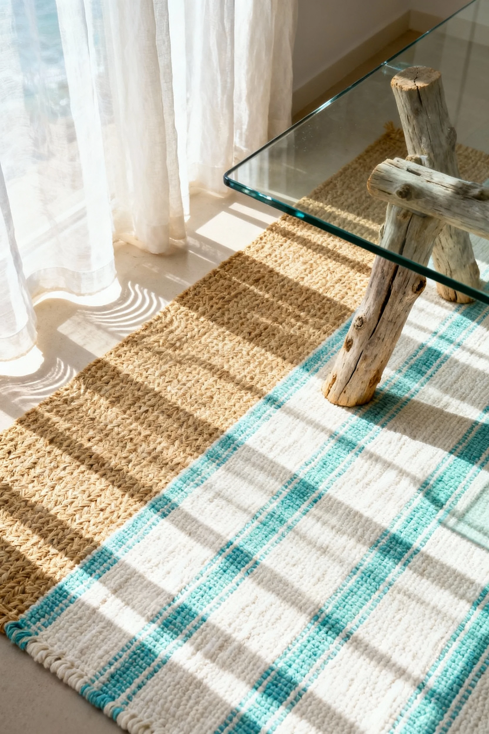 3. Overhead detail shot, photorealistic, no people: generous jute rug layered with thin striped cotton flatweave in warm