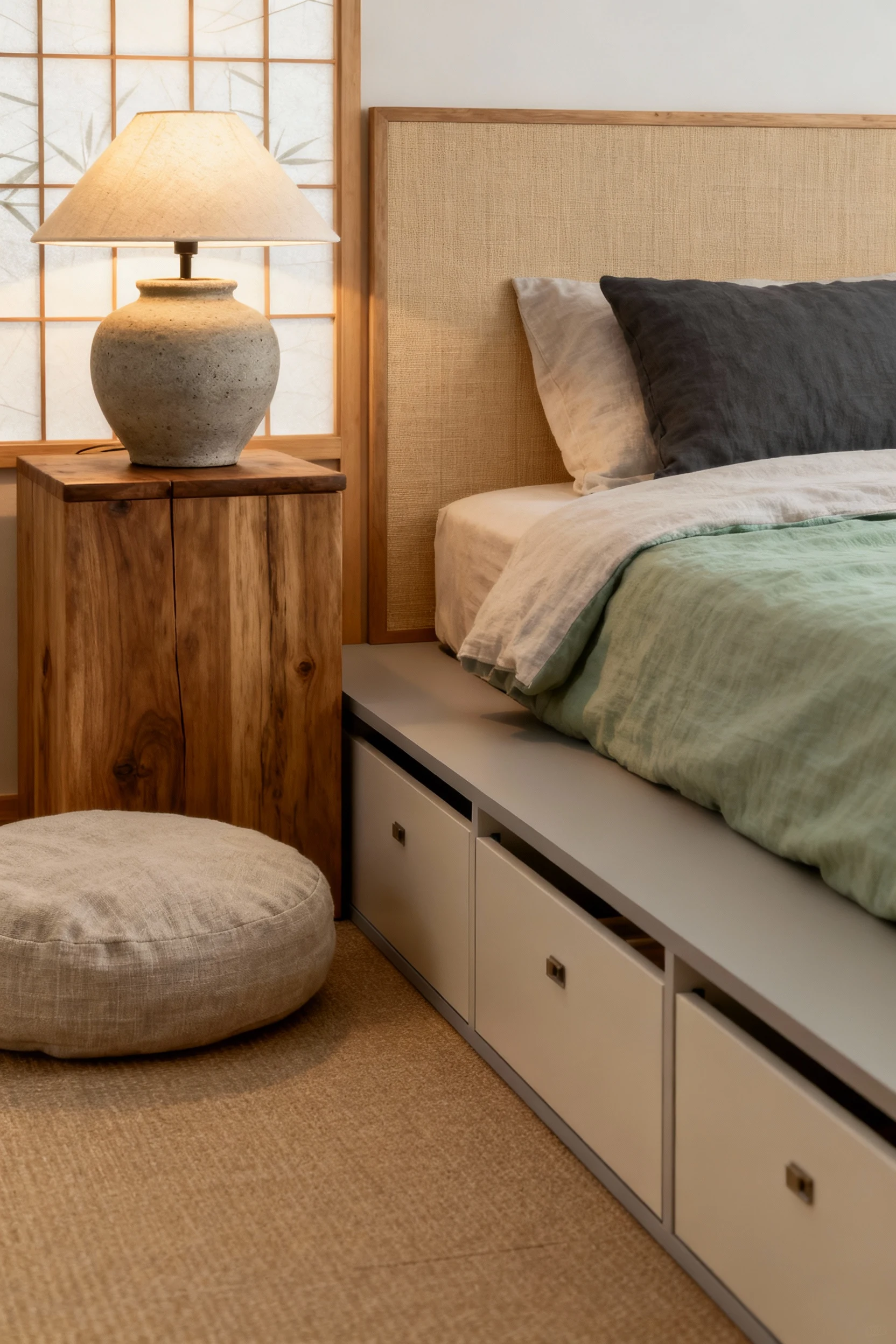 Photorealistic closeup detail at bedside in a Japandi calm bedroom: oat, charcoal, and sage tones highlighting the low p