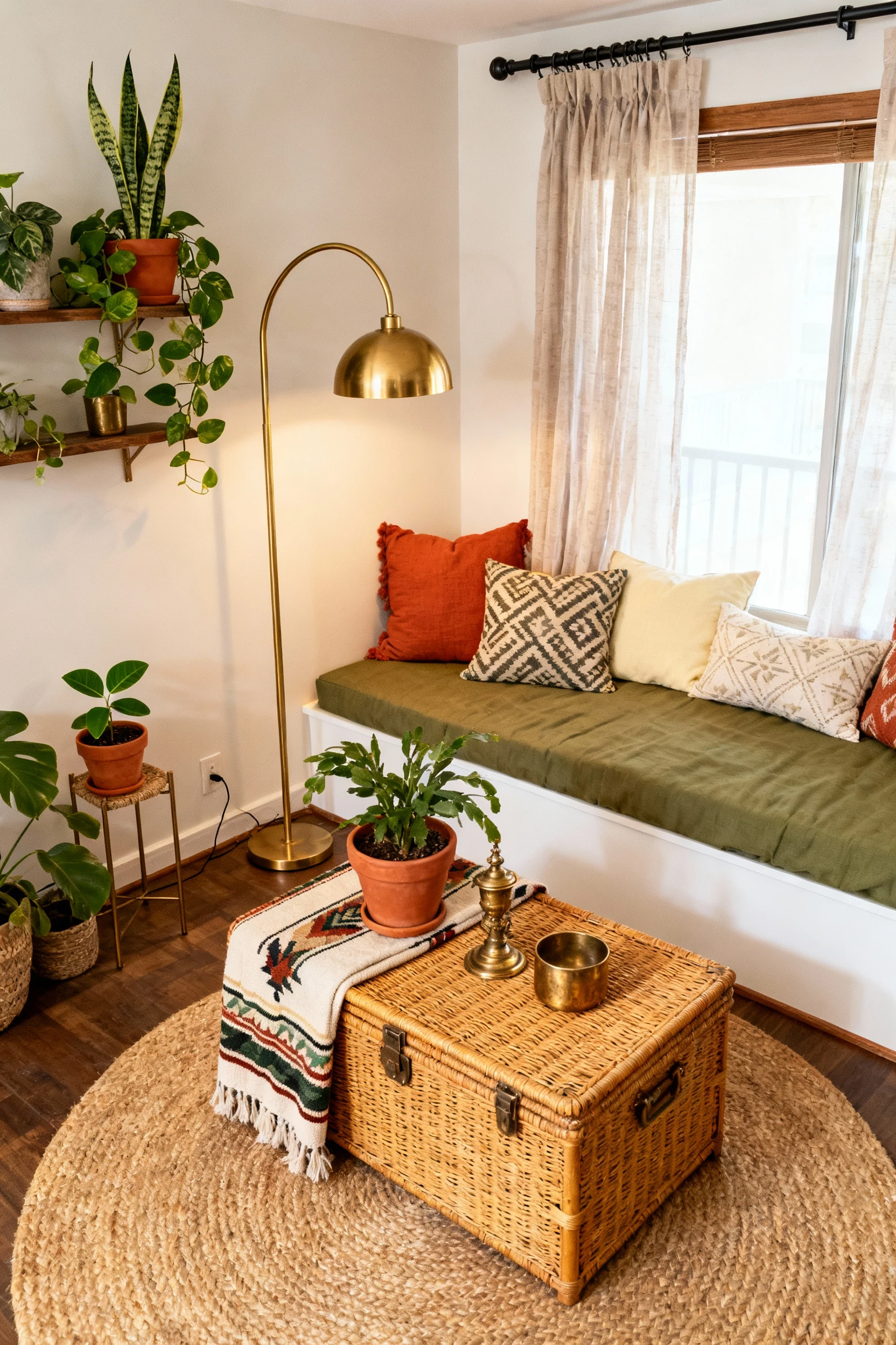 Overhead detail shot of a rattan trunk coffee table on a round jute rug, styled with a kilim-style throw, terracotta pla