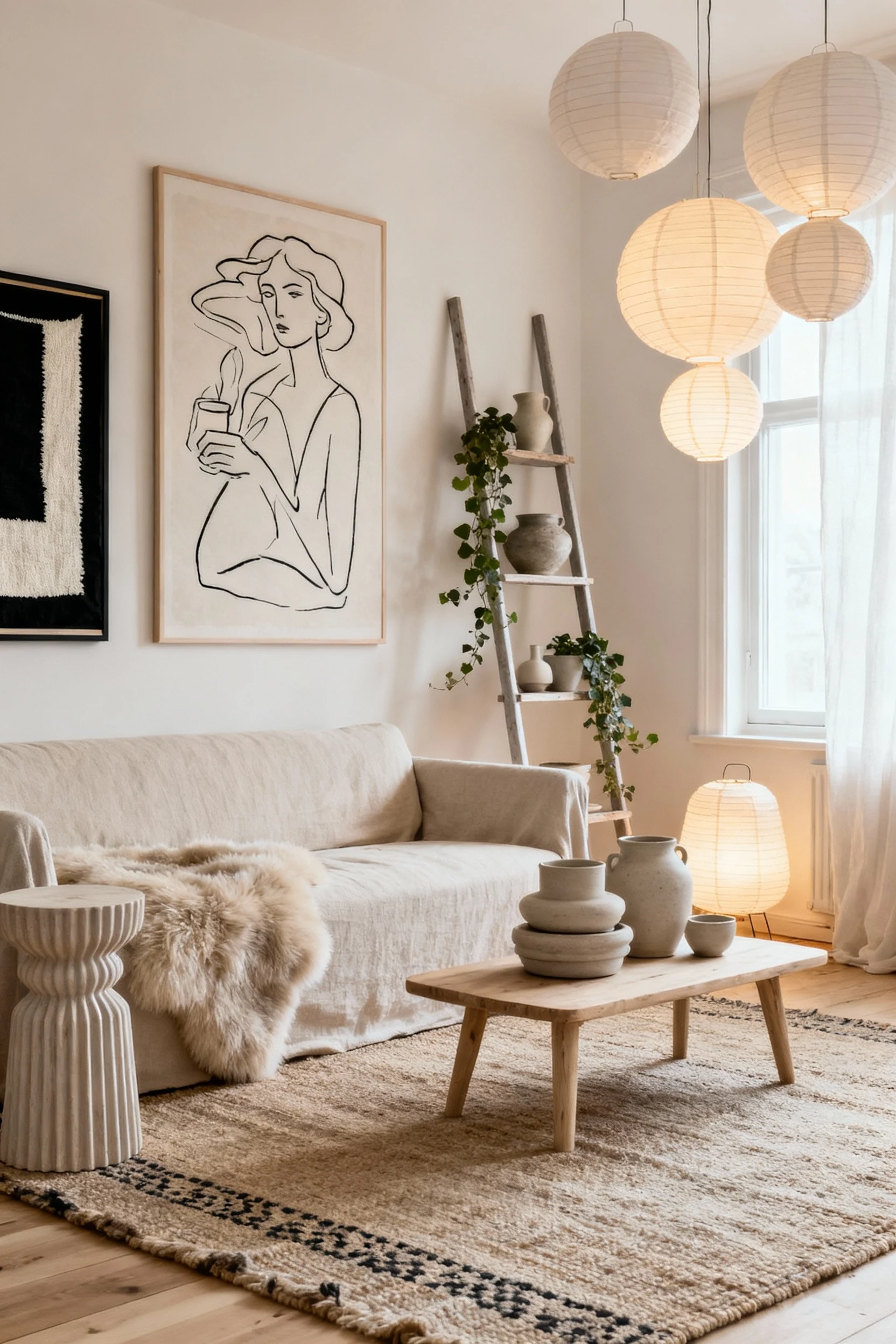 3. Calm, airy Soft-Scandi boho studio lounge, medium corner shot: oatmeal neutrals, bleached woods, and black-ink accent