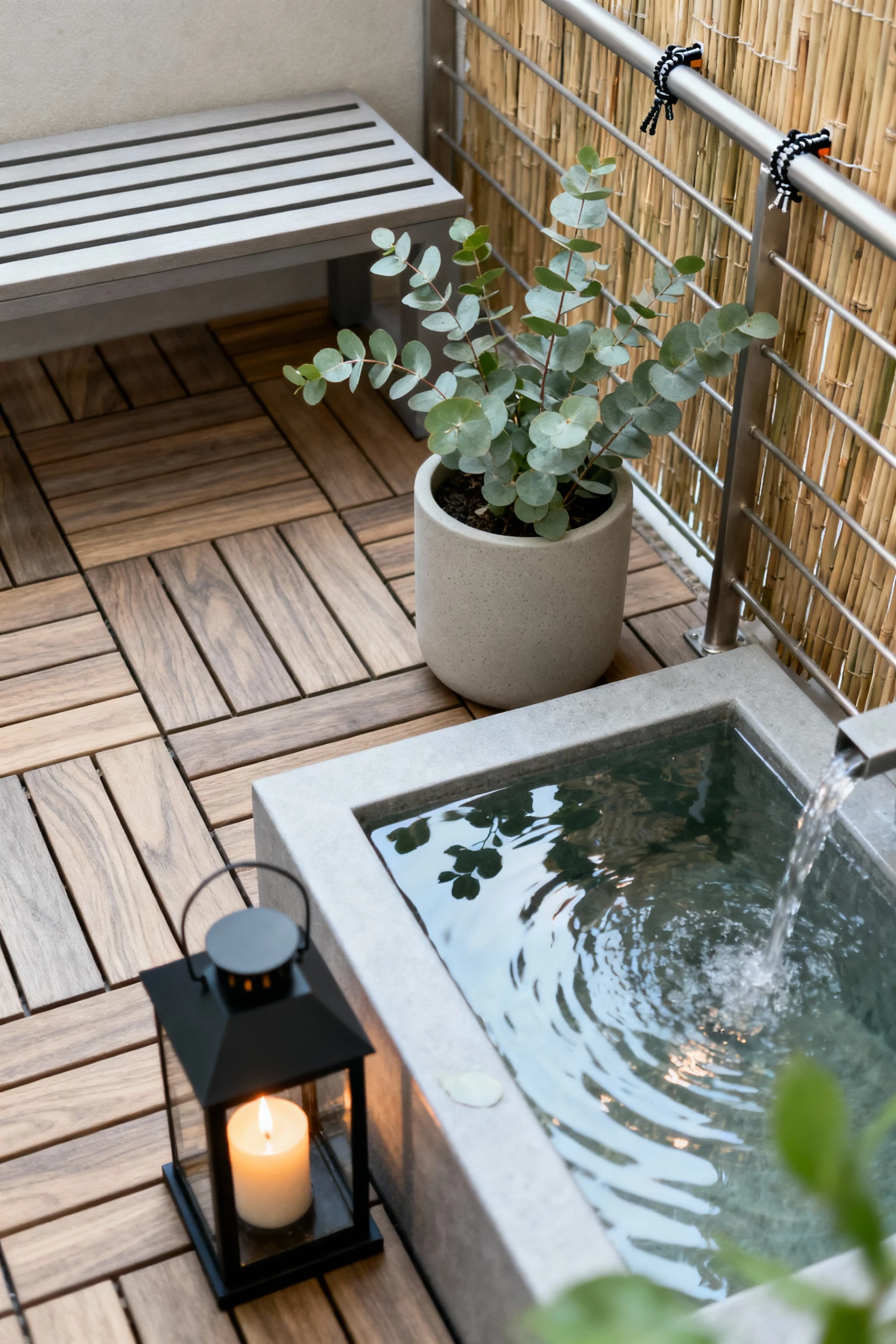 Photorealistic overhead detail shot capturing Scandi spa textures: interlocking acacia deck tiles, the top of a slim sla