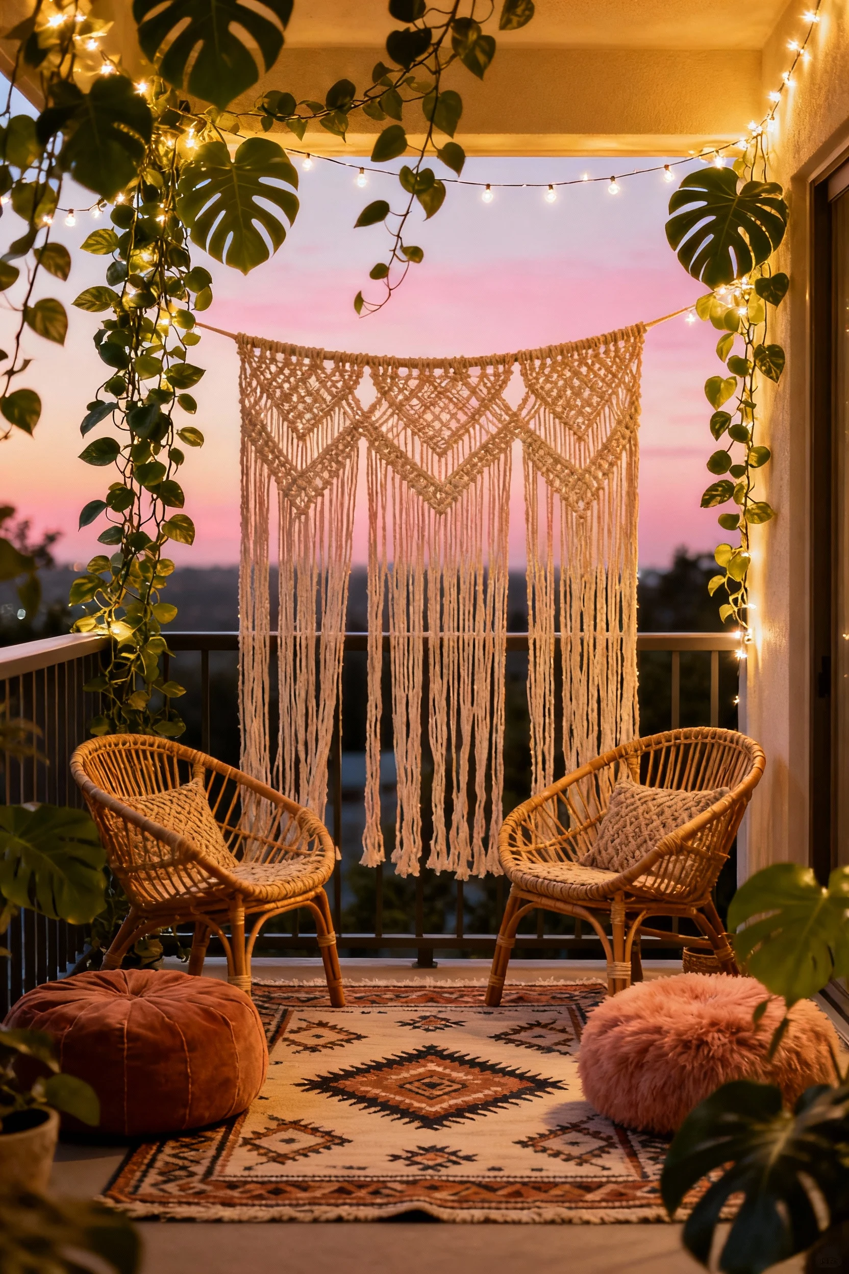 Photorealistic wide shot of a boho balcony lounge, straight-on: macramé panels hung across the rail for peekaboo privacy