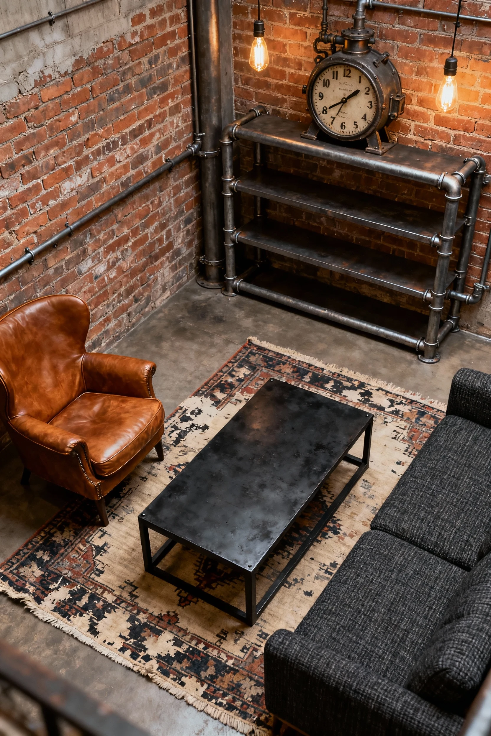 Photorealistic elevated overhead corner angle capturing an industrial steel-and-brick nook: a blackened metal coffee tab