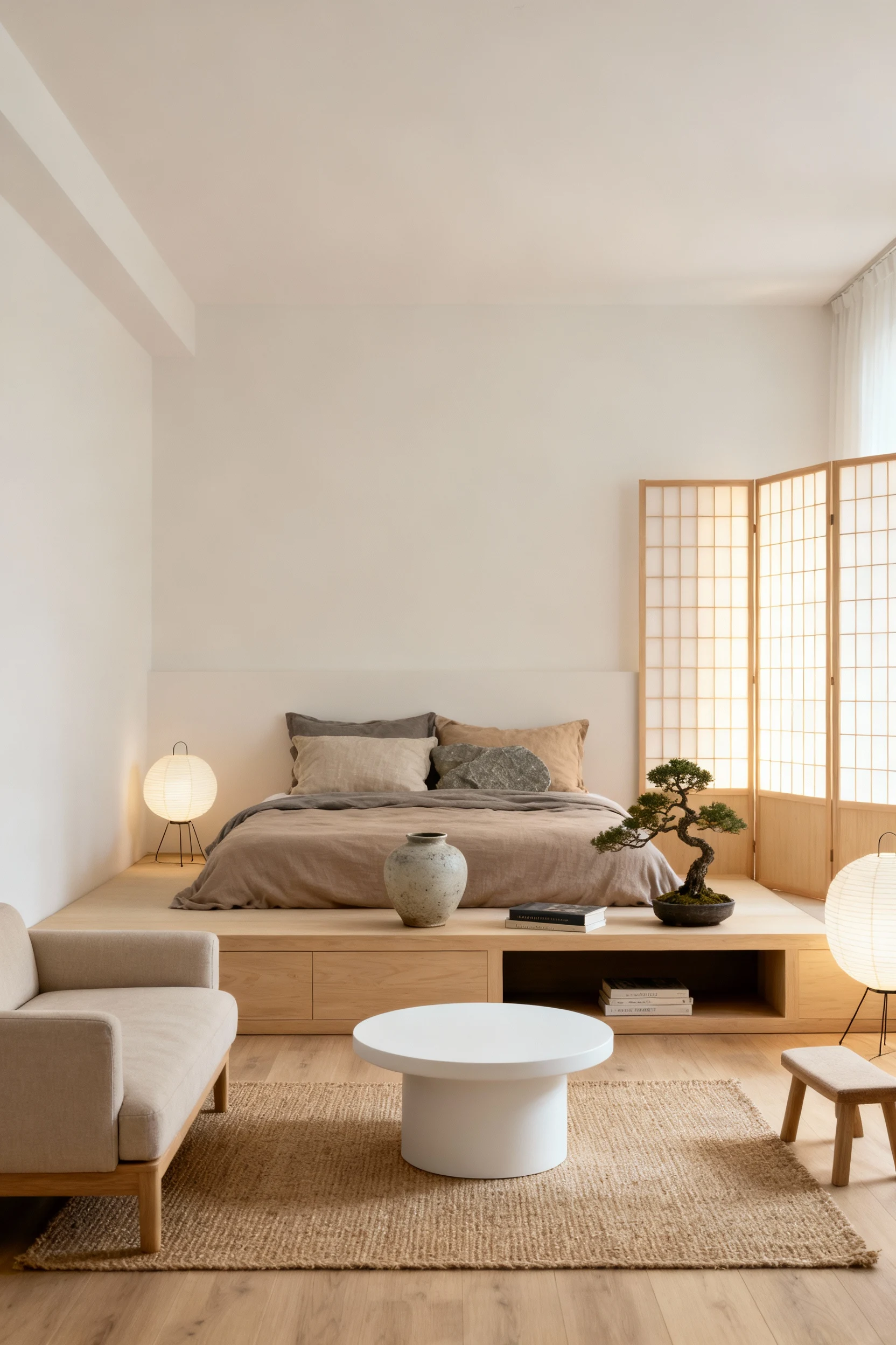 Straight-on wide shot of an Urban Zen studio: low platform bed in sandy taupe with a stone-colored duvet and oversized l