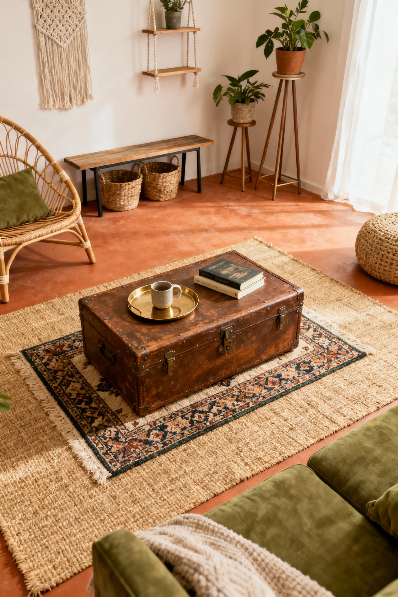 Photorealistic overhead detail shot of a vintage trunk coffee table atop layered rugs—a flatweave jute base with a small