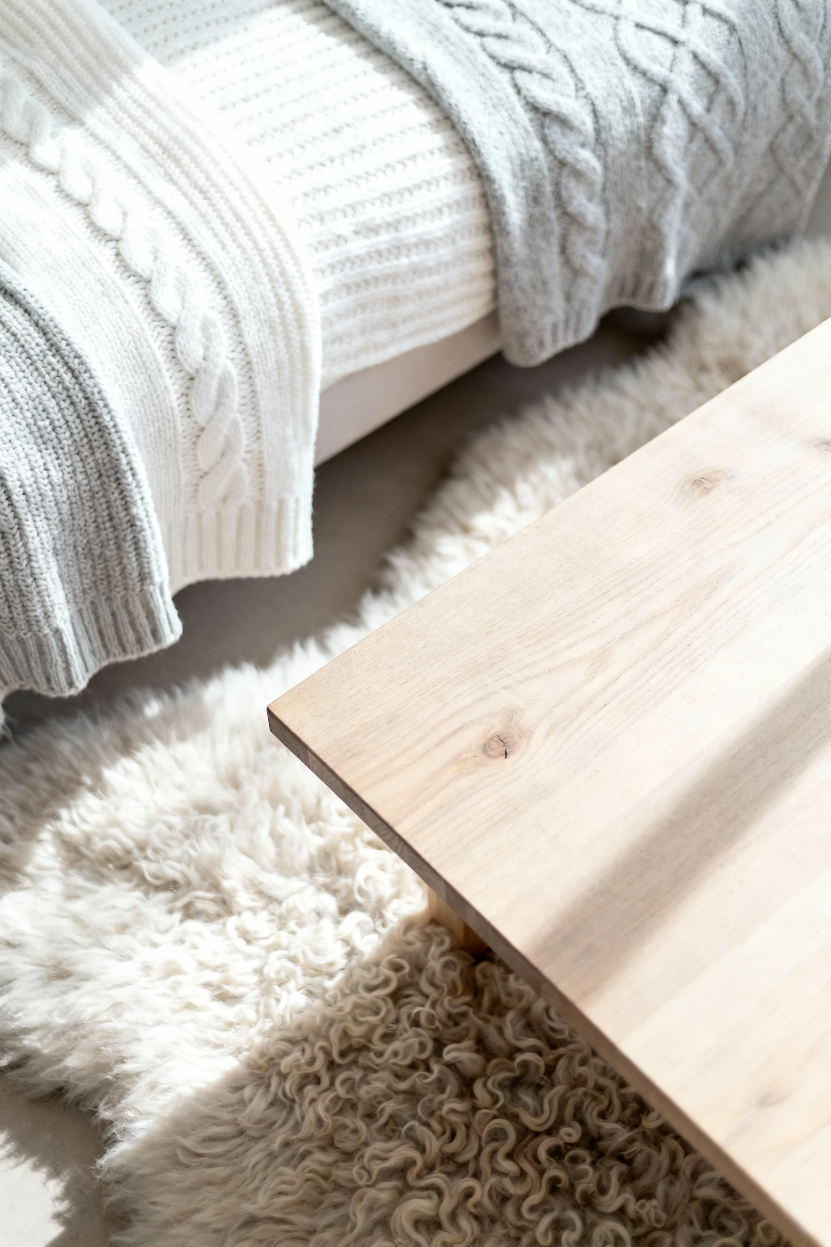 Photorealistic overhead detail shot of Scandinavian textures: white and pale gray knit throws and a sheepskin rug framin