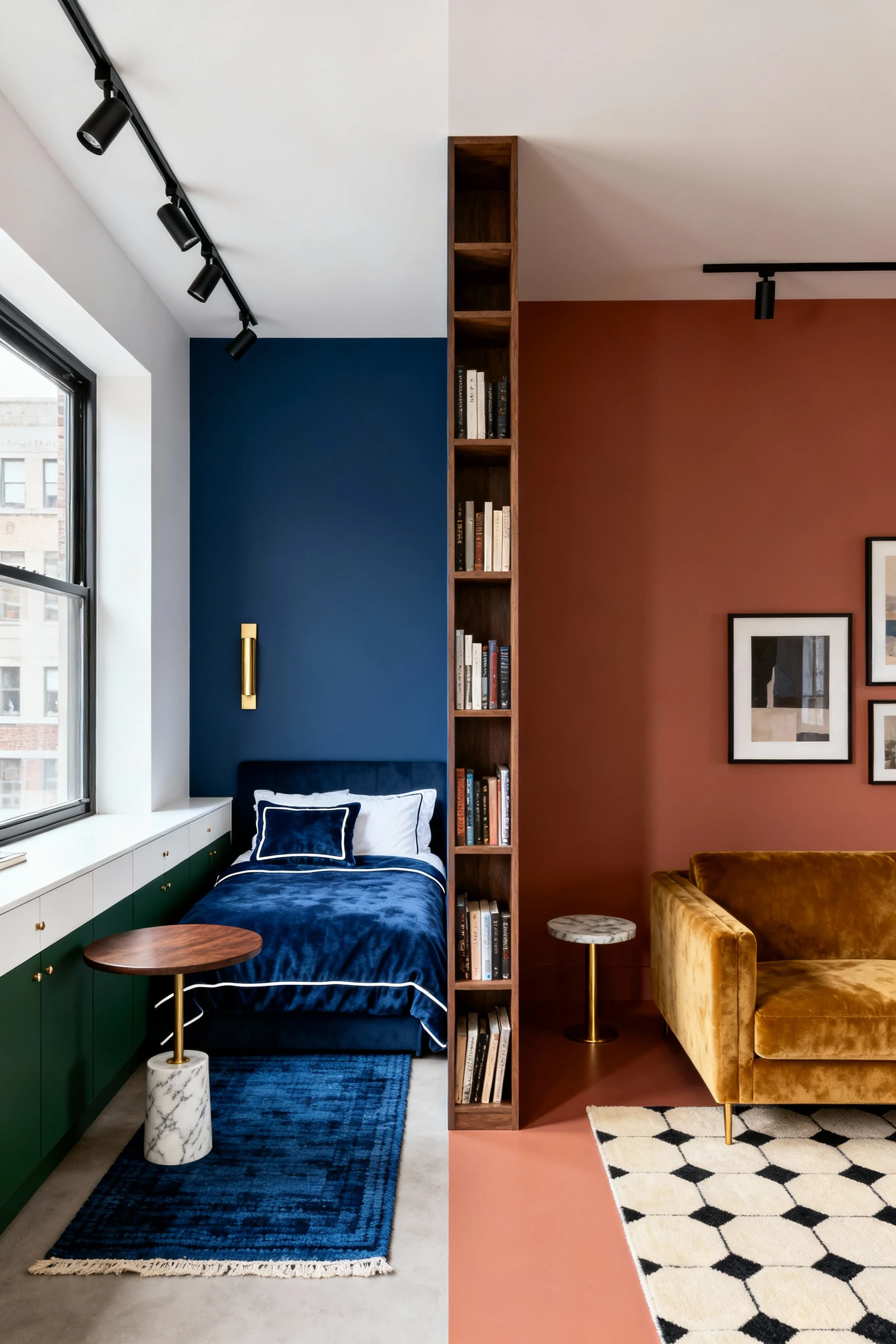 3. Photorealistic straight-on wide shot of a bold color-block studio: a tall double-sided open bookcase spine divides zo