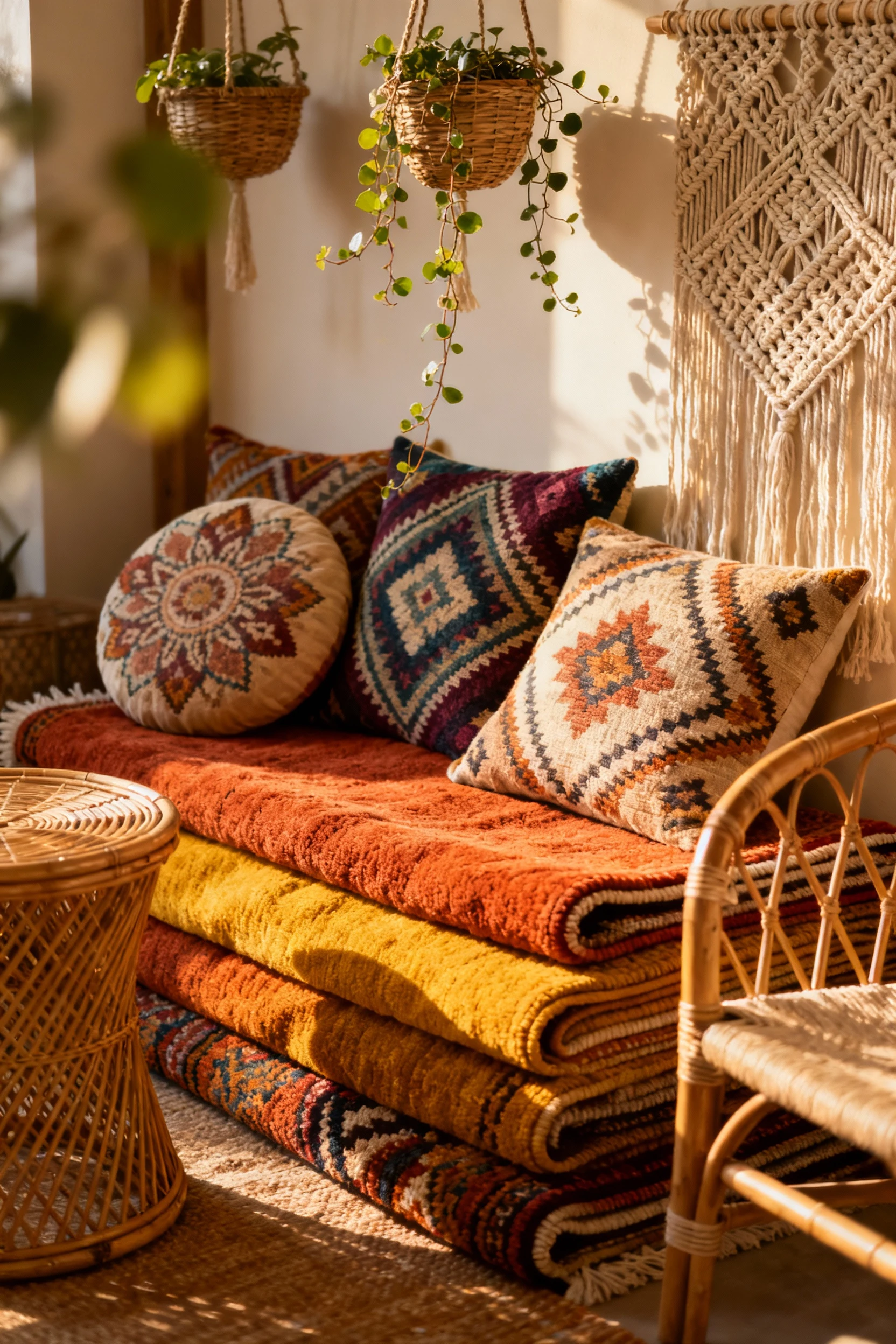 Closeup detail shot of a Boho-chic living room arrangement showing stacked colorful rugs with rich textile textures, pat