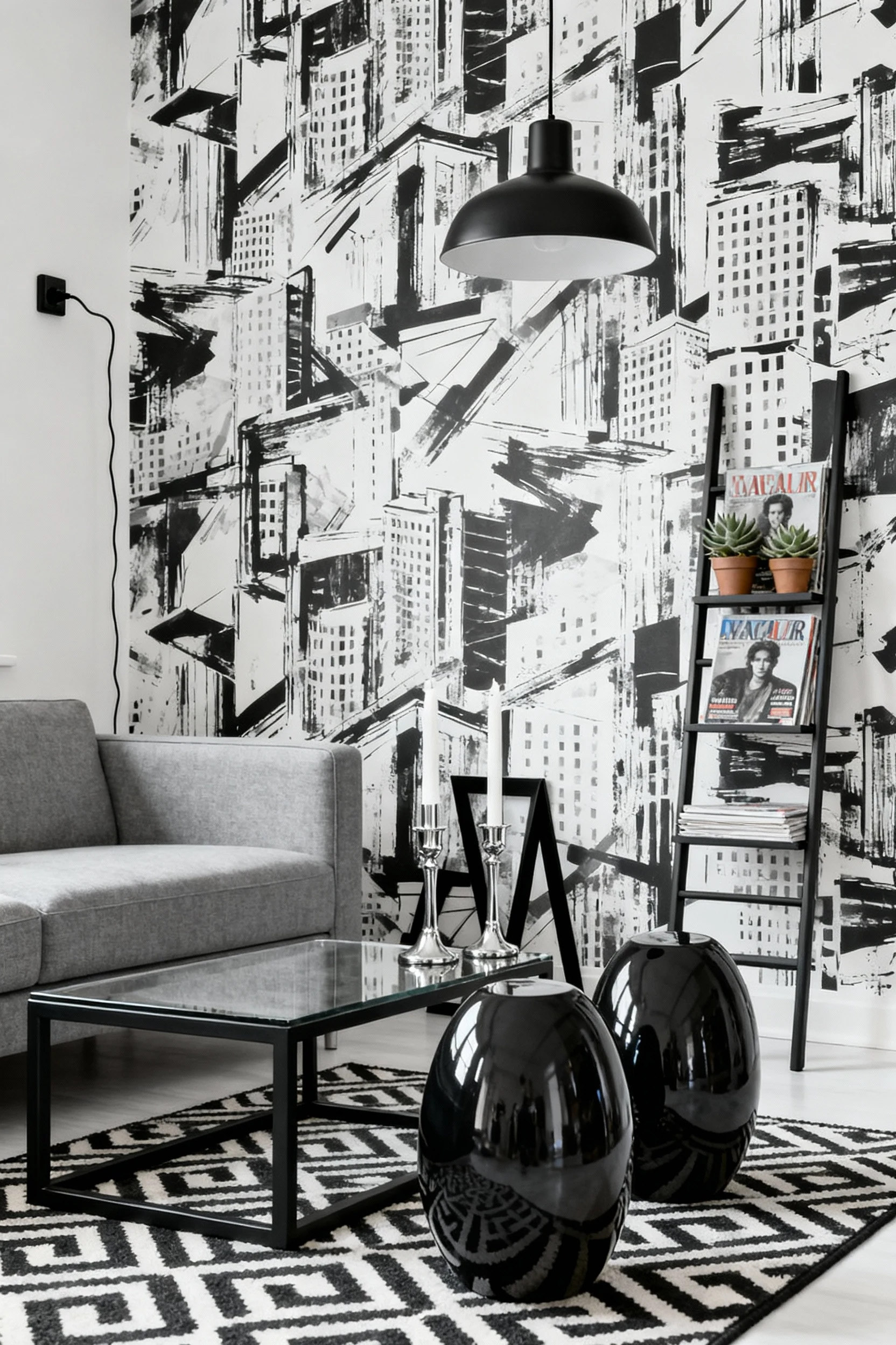 Detail shot from a corner perspective of an urban modern living space with a sleek black-and-white abstract peel-and-sti