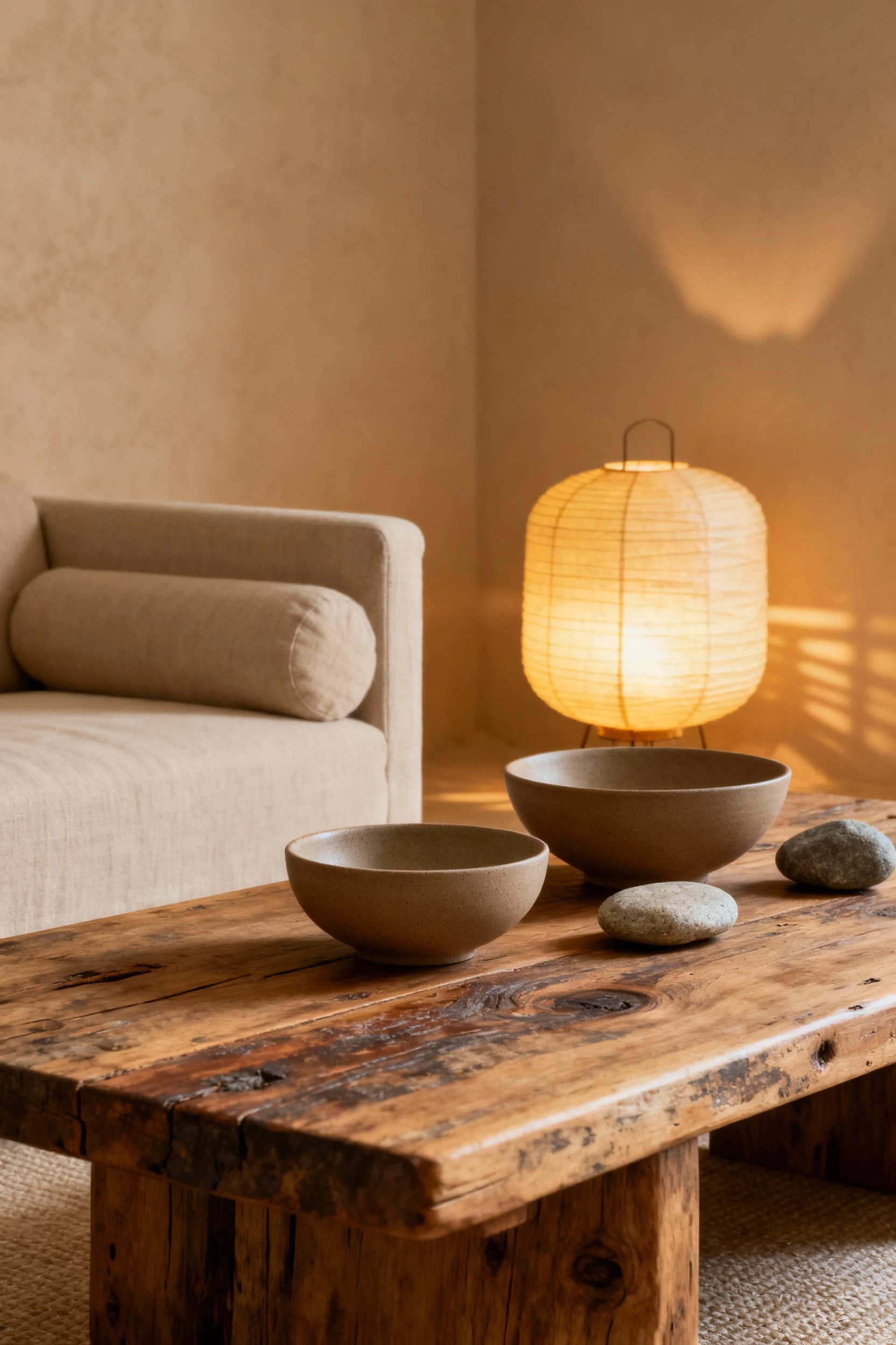 Closeup detail of earthy minimalist textures in a zen-inspired apartment living room, focusing on the surface of a recla