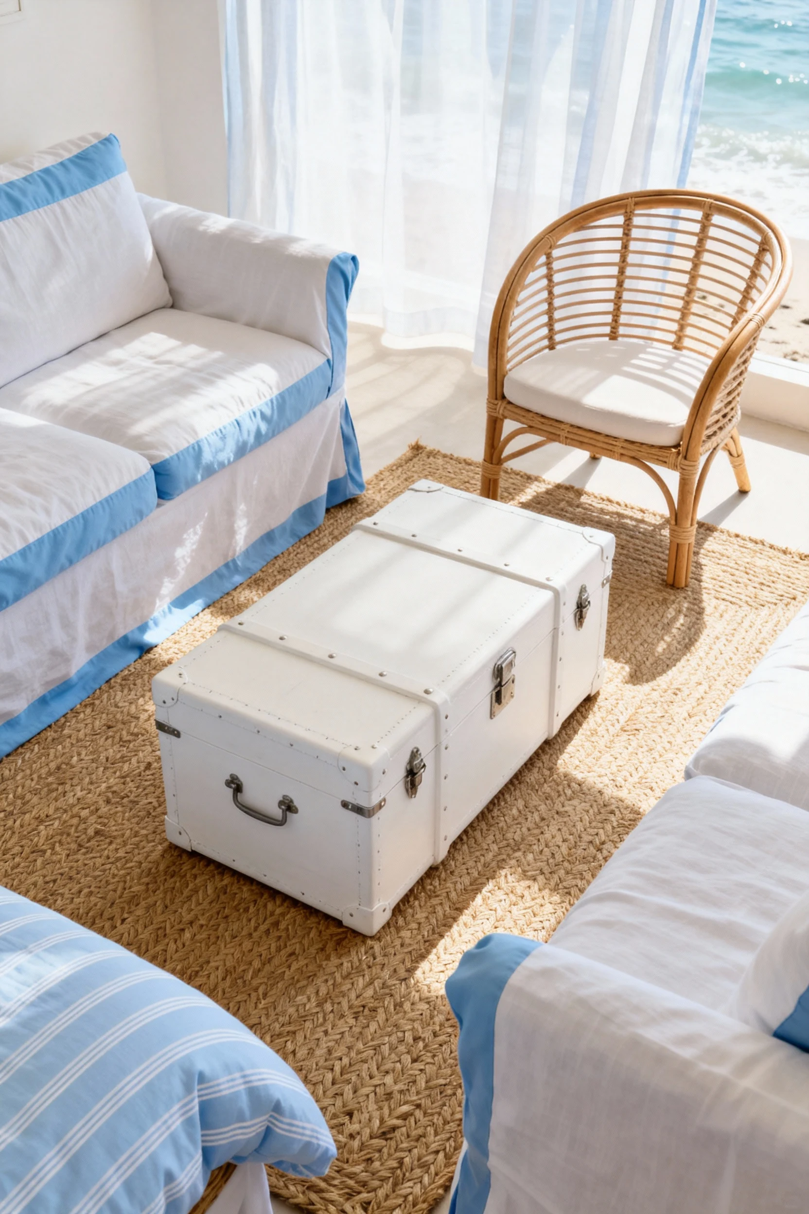 3. Overhead detail shot capturing coastal blue-and-white textures: a white-painted trunk coffee table centered on a seag