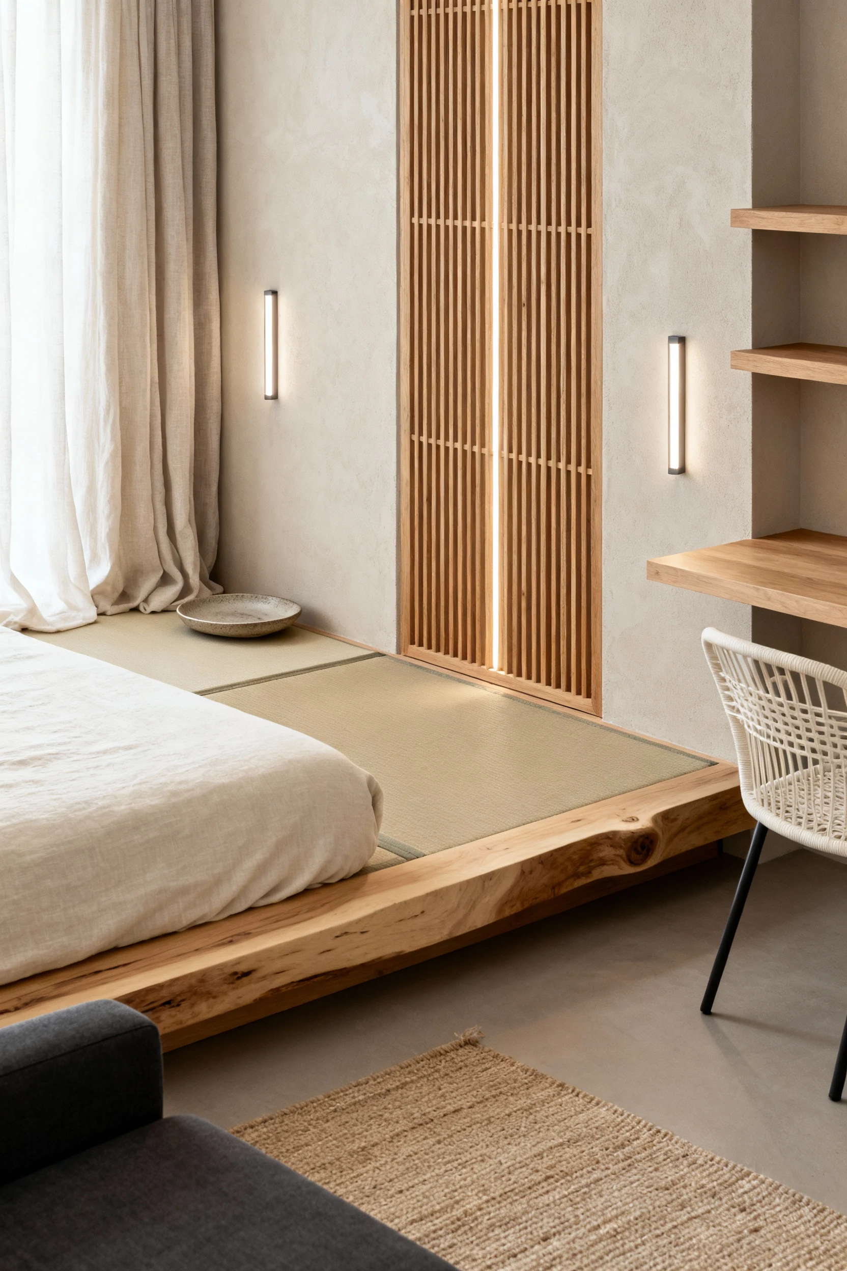 Photorealistic detail closeup with soft, diffused light: the junction of a tatami‑style platform bed dressed in sand/fla