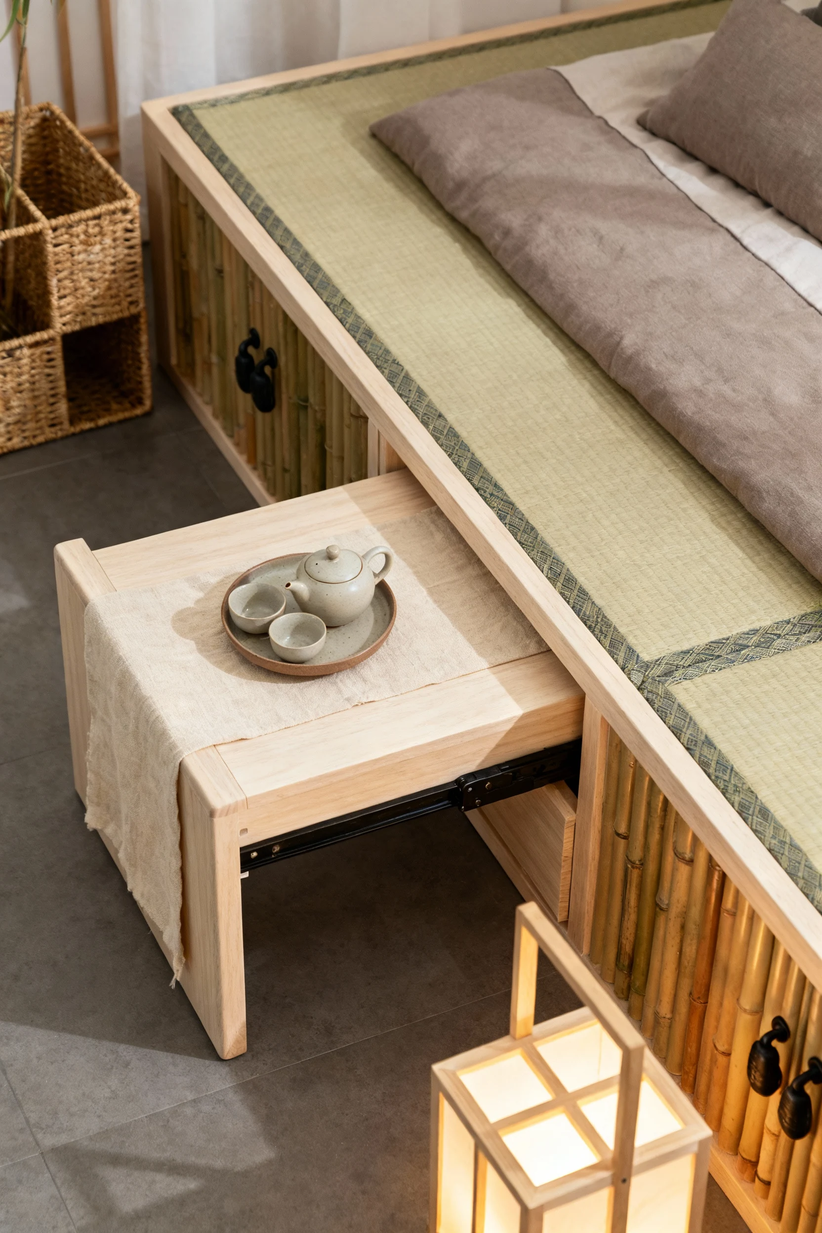 Photorealistic overhead close-up detail in a Japandi calm cube: a slim white-oak bench revealing a retractable tea table