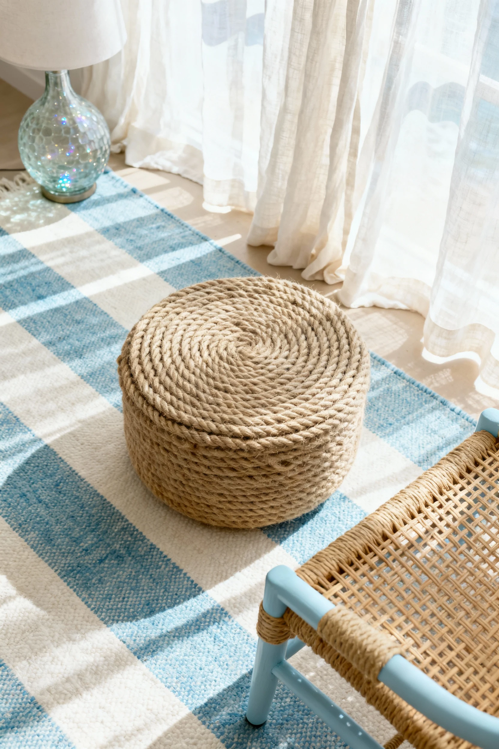 Photorealistic overhead detail shot: striped flatweave rug in shell white and sky blue, rope-wrapped ottoman centered, e