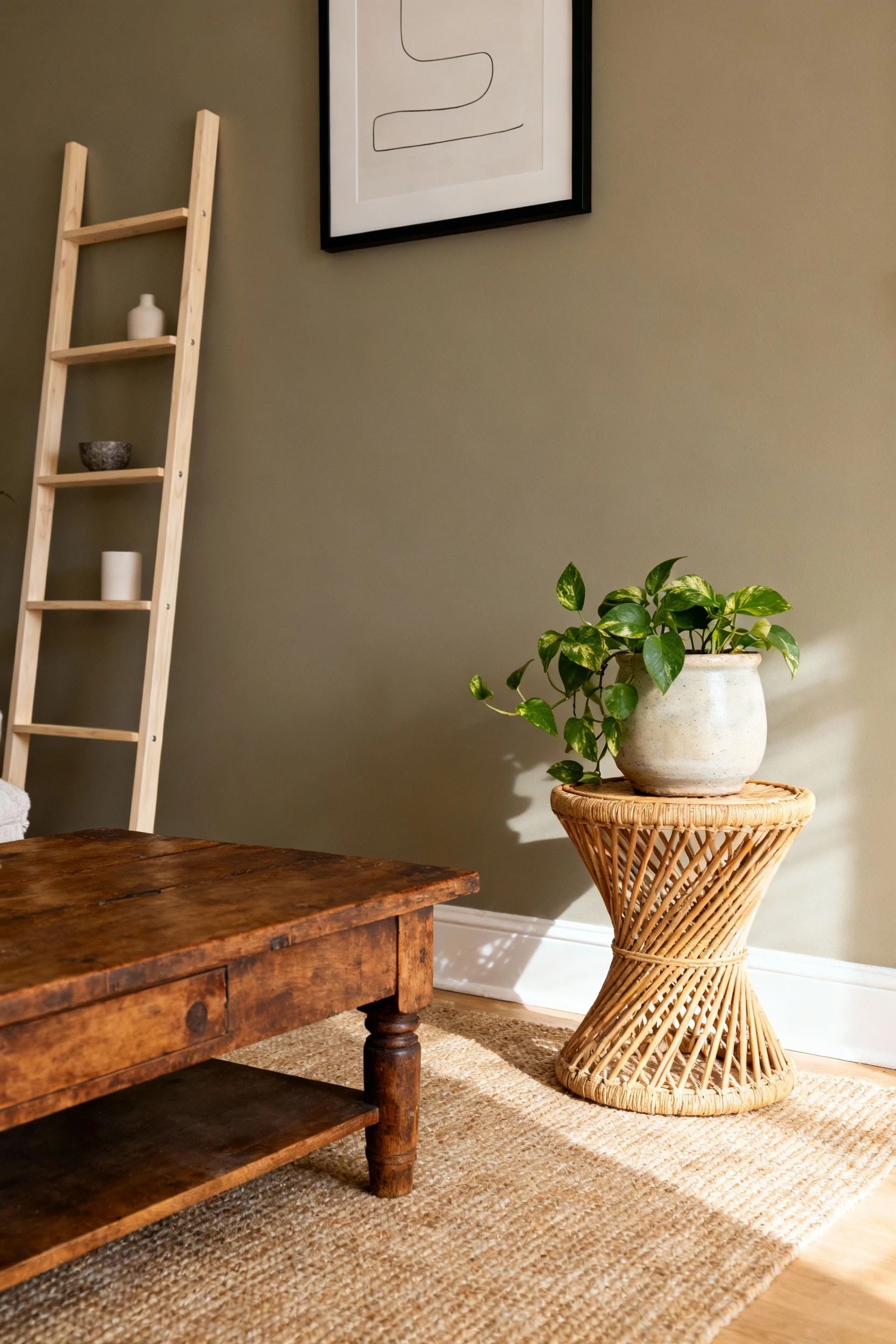 Medium corner-angle shot of a smart thrifted layout: vintage wooden coffee table, rattan side table with a ceramic plant