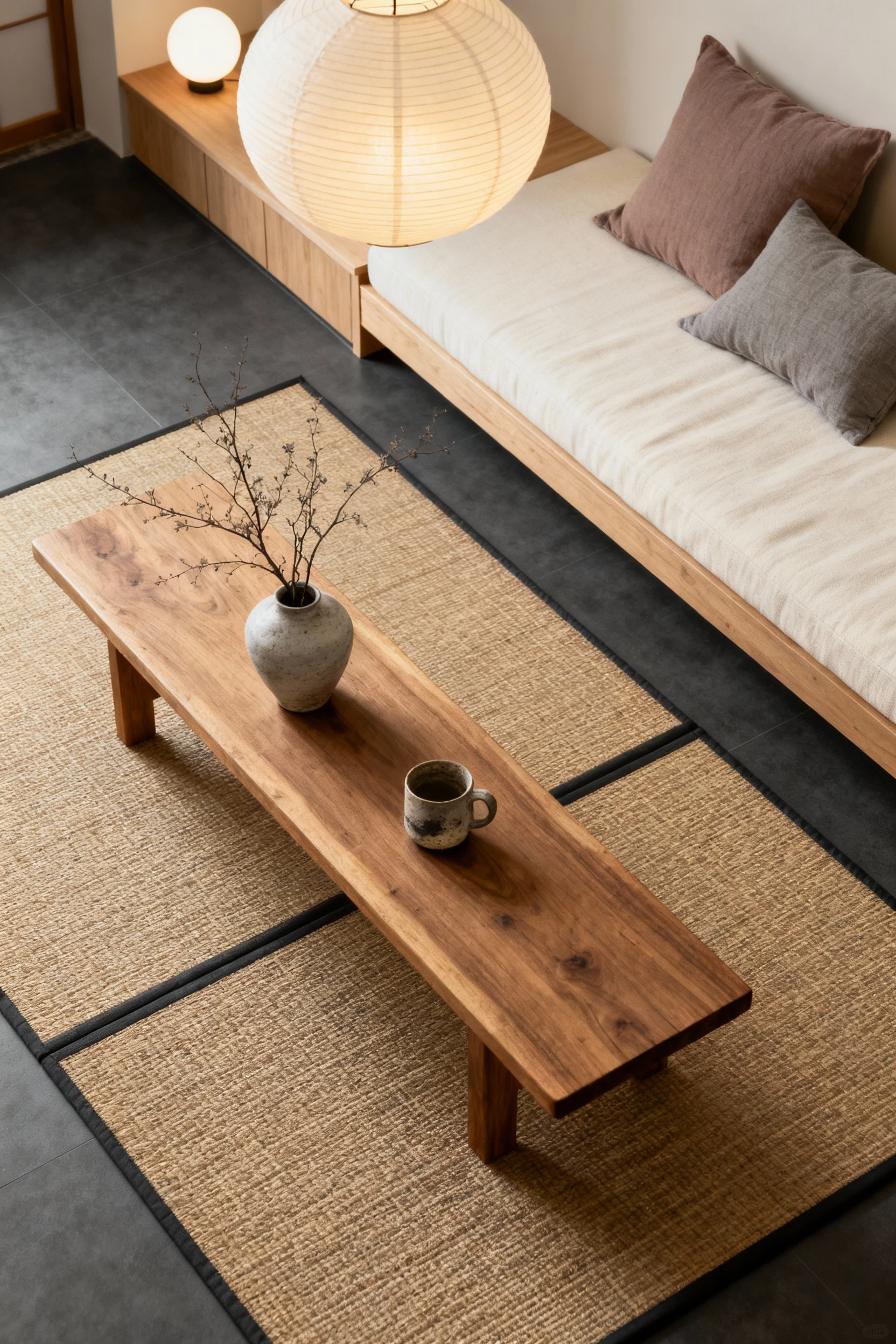 Photorealistic overhead detail shot of a Japandi vignette: long natural-oak bench used as a coffee table on a woven tata