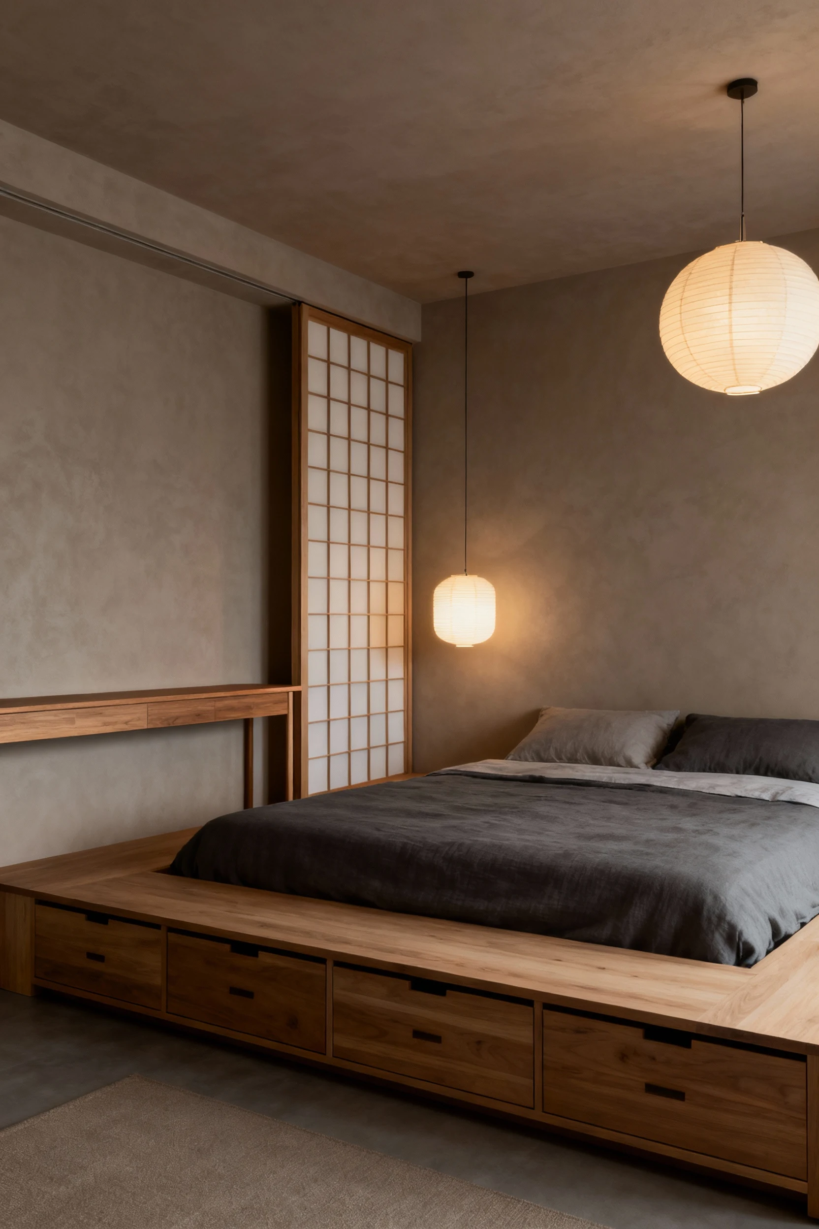 3. Elevated wide shot of a Japandi mezzanine bedroom in taupe and charcoal: low platform bed with under-bed drawers, sho