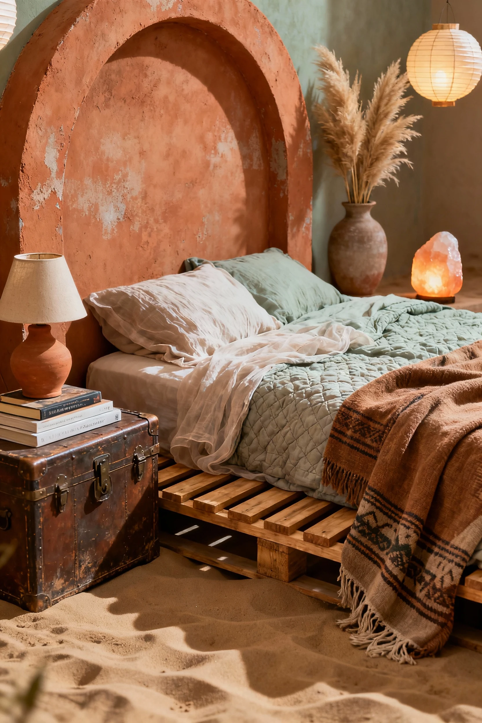 Detail closeup in a desert nomad bedroom: dusty terracotta painted arch headboard behind a low wood-slat bed; gauzy line