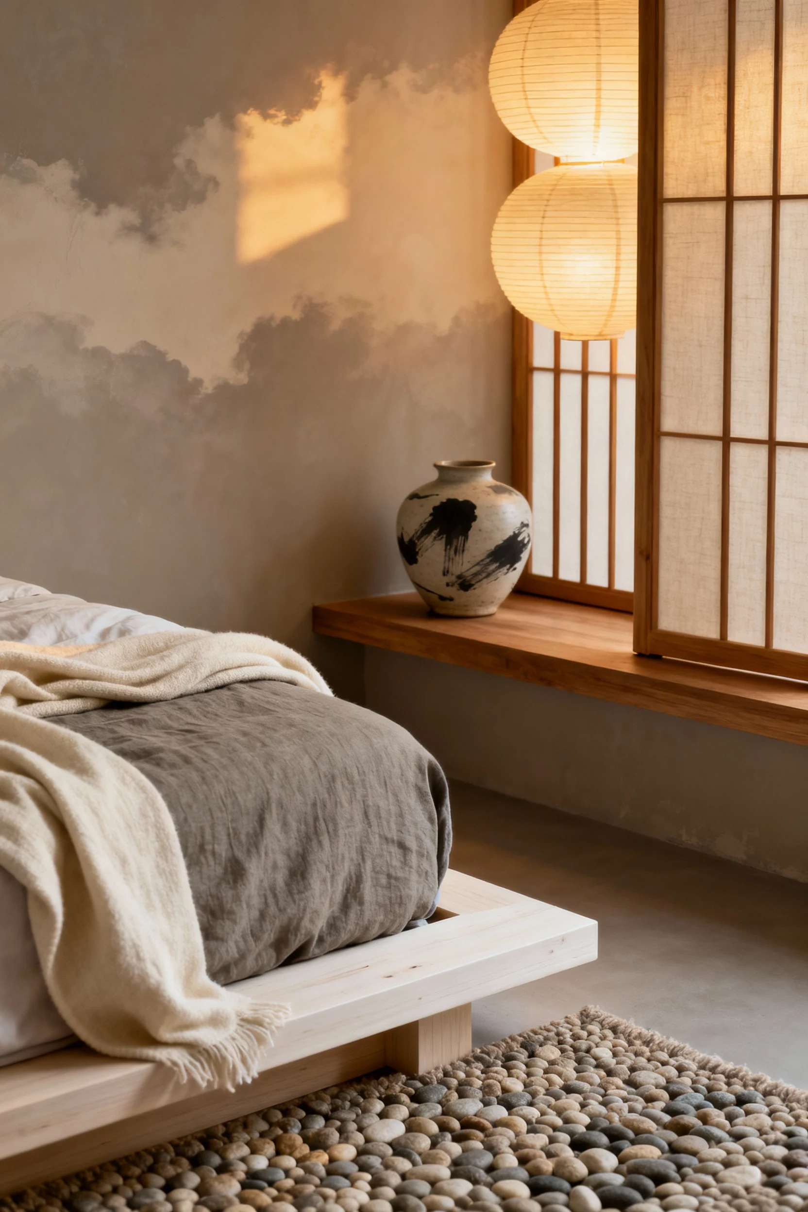 Photorealistic closeup detail of the Japandi sleep loft: corner of a white oak platform bed over a pebble-loop wool rug,