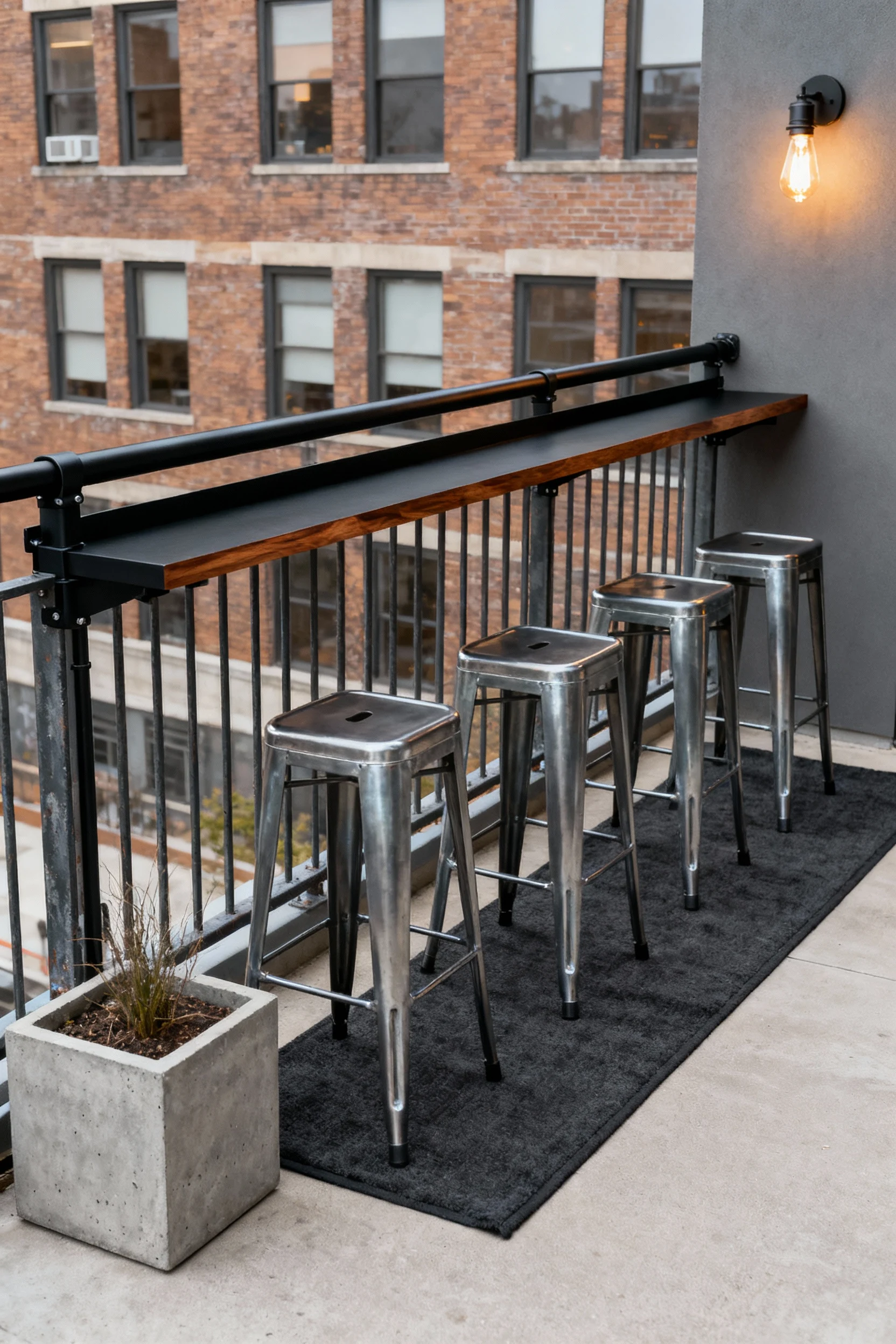 3. Straight-on medium shot of an industrial balcony bistro rail bar: matte-black rail bar clipped to the railing with ba