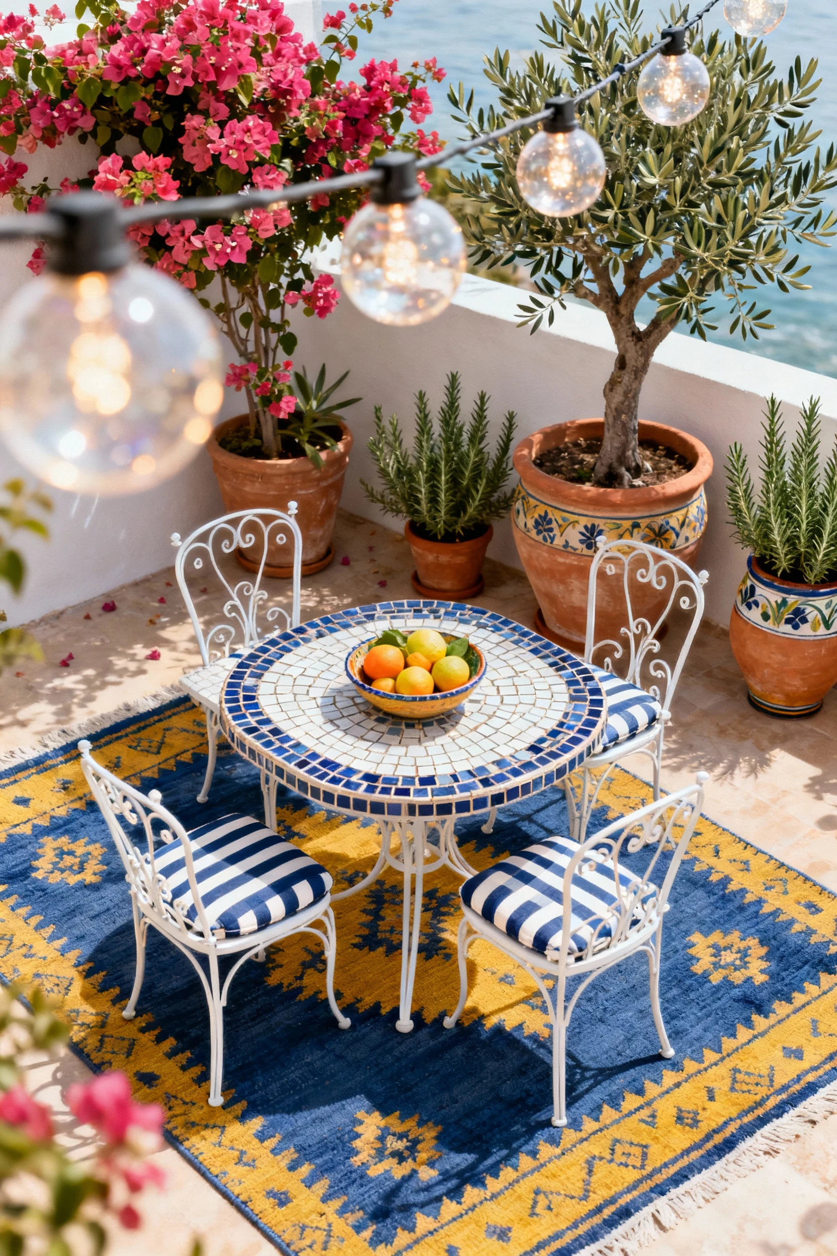 Overhead detail shot of a Mediterranean vignette: kilim-style flatwoven rug in cobalt and mustard beneath a white wrough