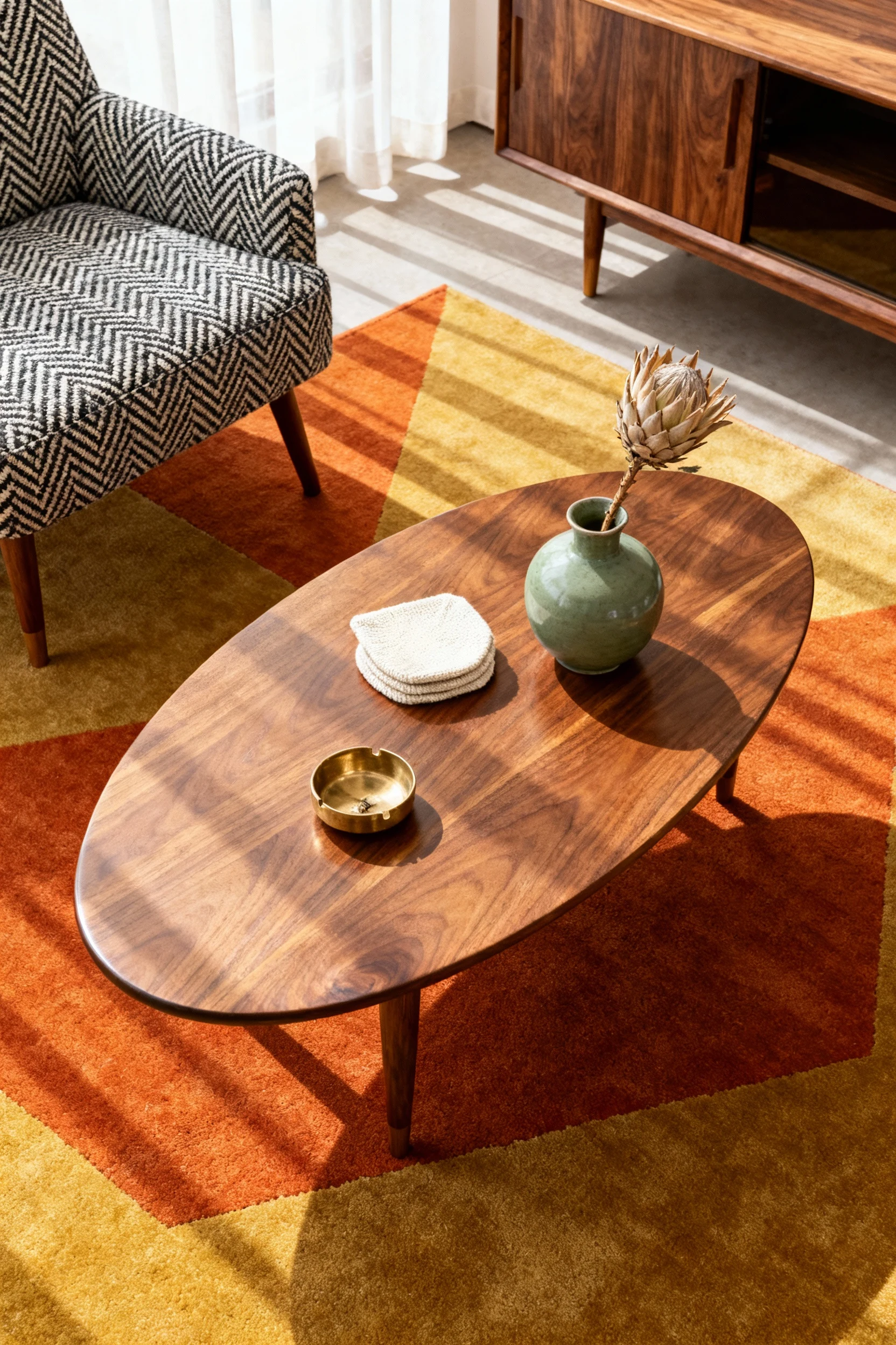 Photorealistic overhead detail shot of a mid-century capsule lounge: a kidney-shaped coffee table atop a low-pile patter