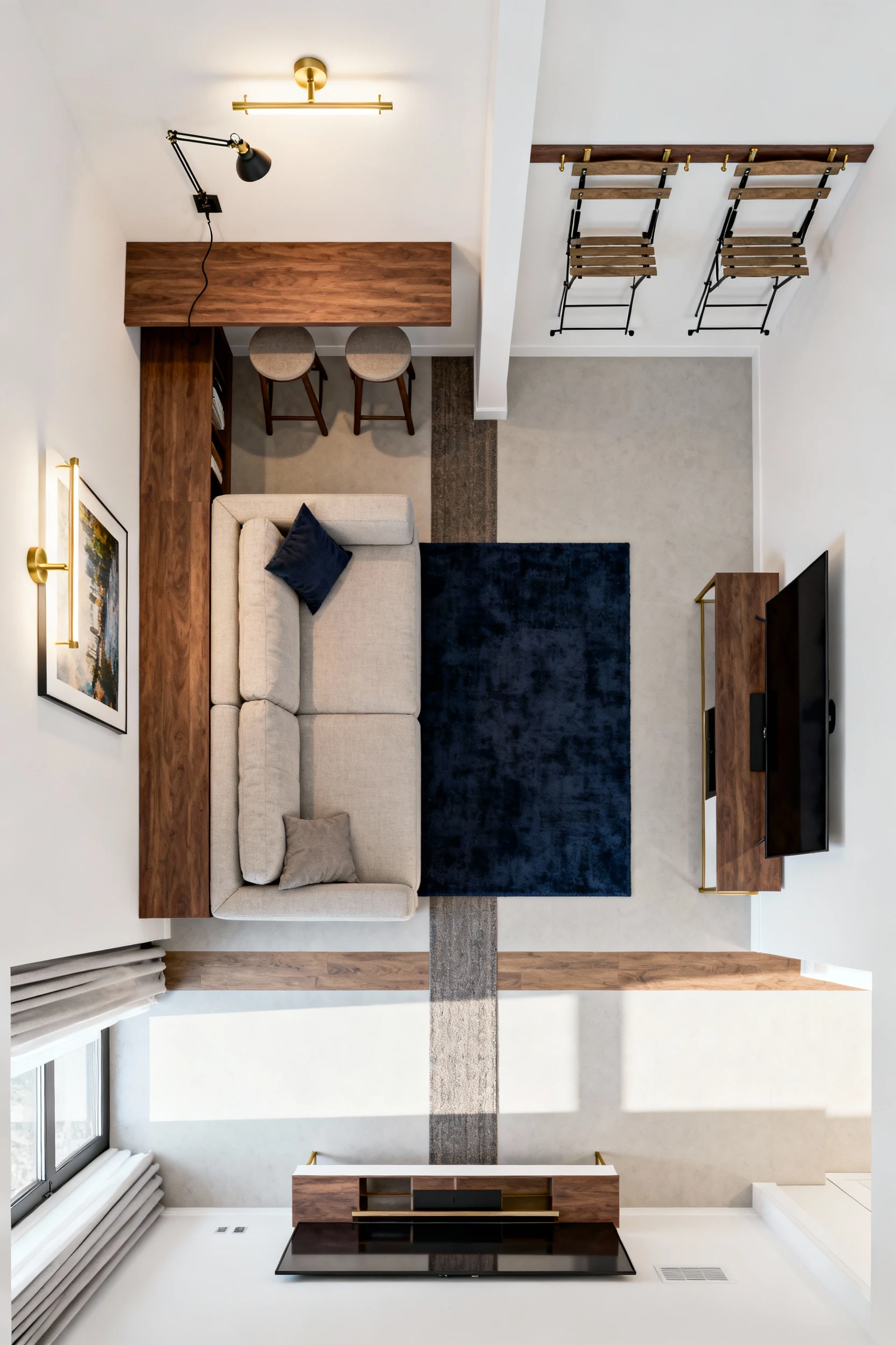 Photorealistic overhead shot of a studio split: a 70-inch apartment sofa used as a room divider with a narrow console an