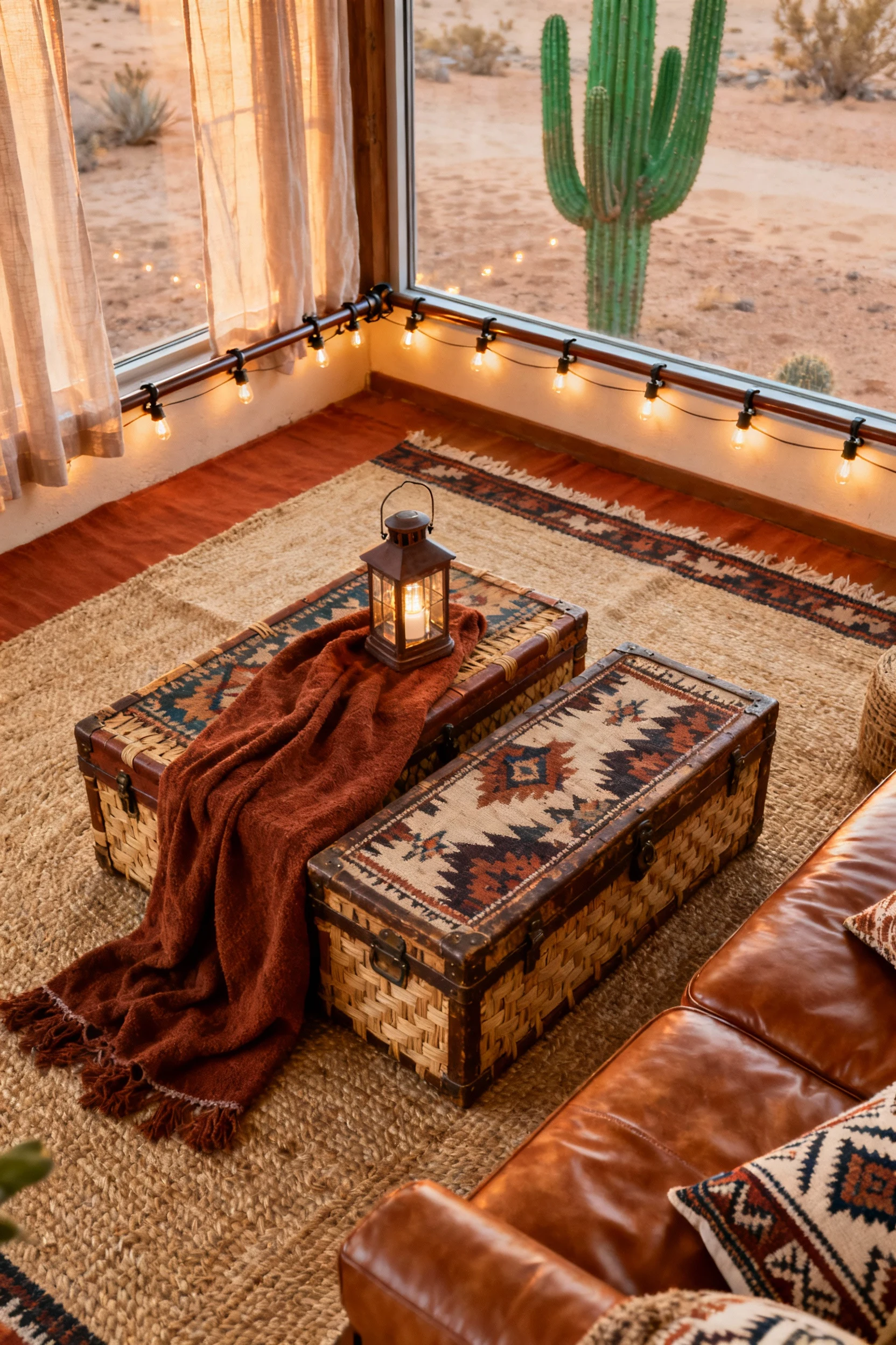 Photorealistic overhead detail shot of the warm desert boho retreat: layered rugs—a large jute base topped with a vintag