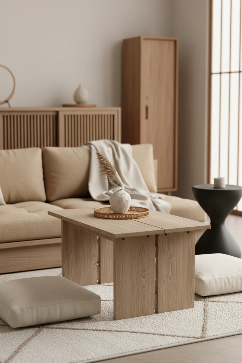 Detail close-up of a serene Japandi vignette: a narrow extendable tea table in front of a sand-colored low-profile futon