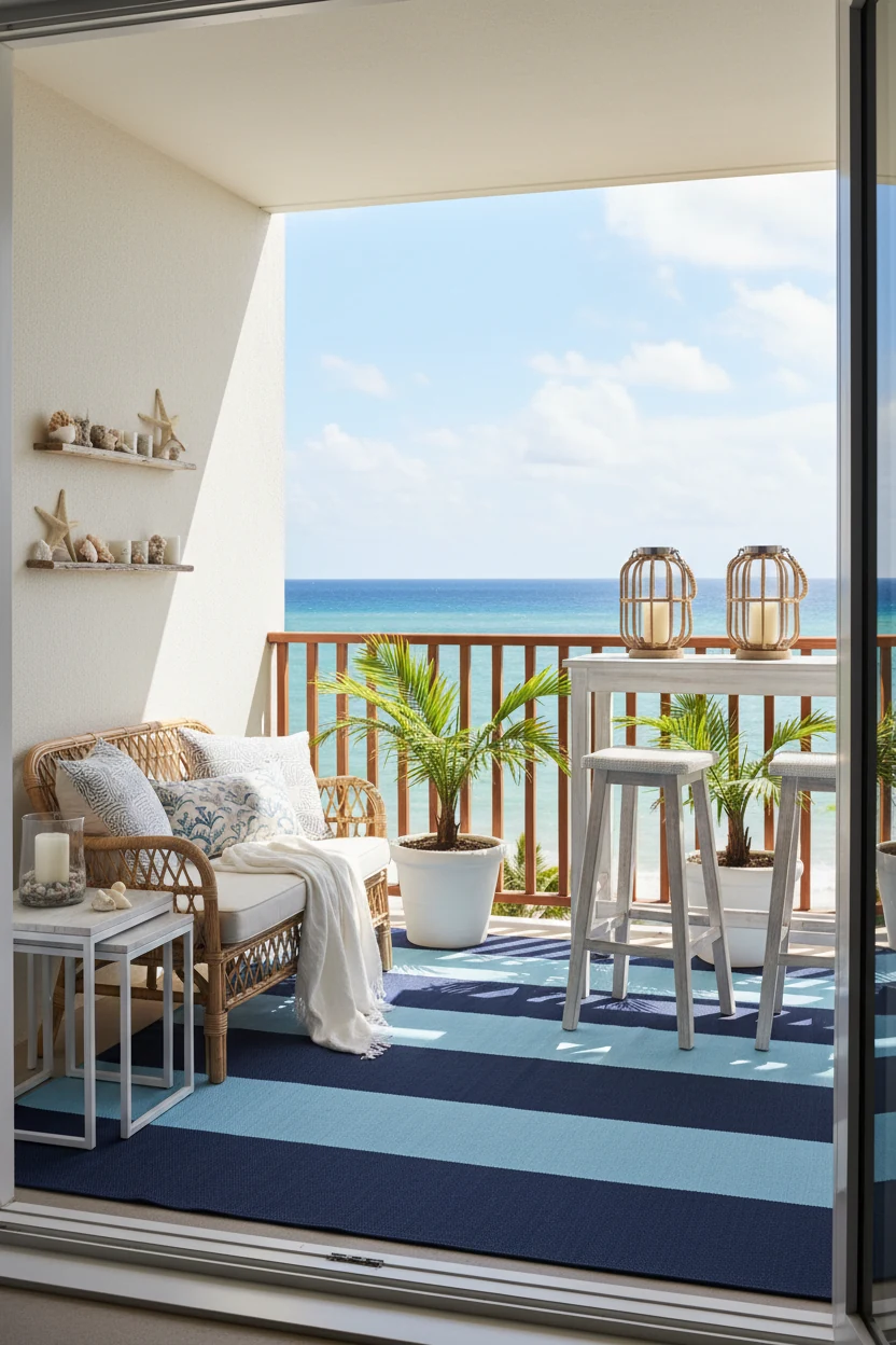 3. Three-quarter wide shot from the doorway of a Coastal Compact Lounge: petite rattan loveseat against the back wall an