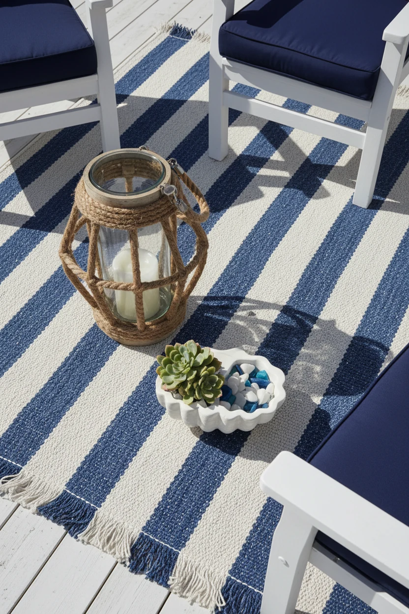 Photorealistic overhead detail shot: a blue-and-white striped rug styled with a coiled rope lantern and shell planters, 