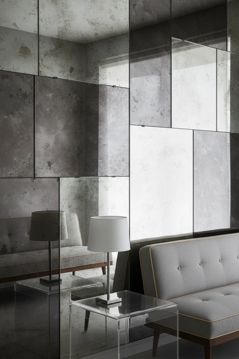 Photorealistic closeup detail, no people: a mirror gallery wall with mixed panels—antiqued, smoked, and clear—multiplyin