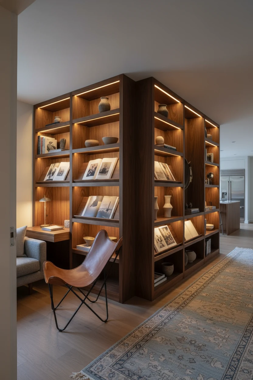 3. Medium shot from a corner angle showing double-sided walnut bookcases dividing a reading nook and living zone: tapere
