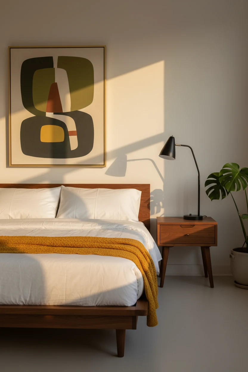 Detail closeup of a mid-century modern bedroom corner showing a walnut platform bed with crisp white bedding, layered mu