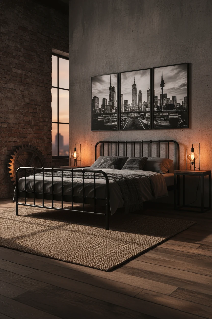 Corner view of an industrial-style bedroom featuring a matte black metal bed frame, dark wood side table with exposed bu