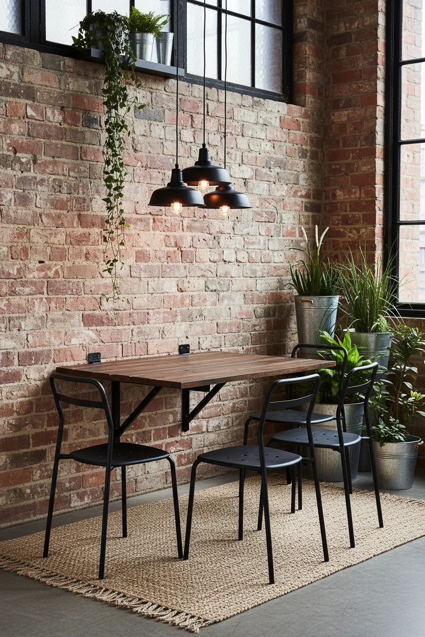 Corner-angle view of an industrial loft dining area featuring exposed brick walls, a wall-mounted fold-down table extend