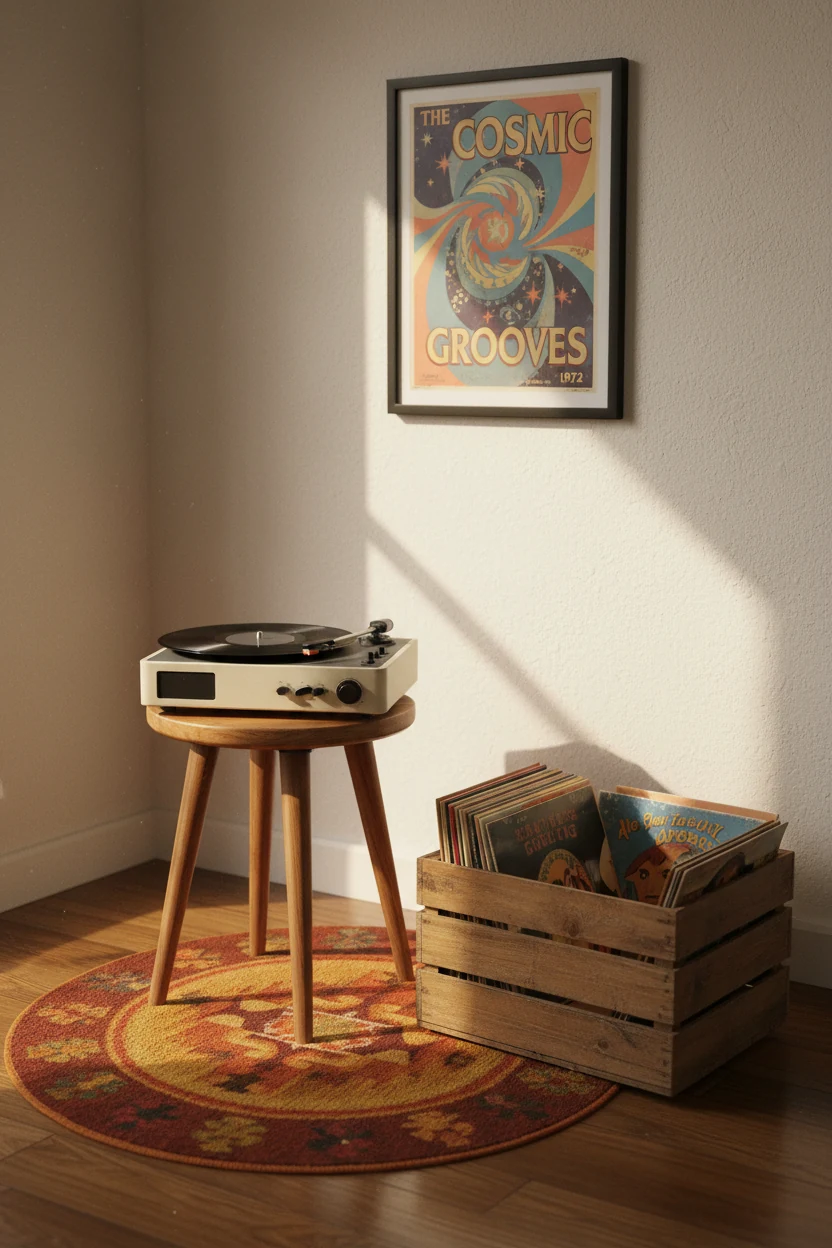 A corner angle shot of a retro vinyl listening spot, showing a small warm-toned rug on the floor, a low stool holding a