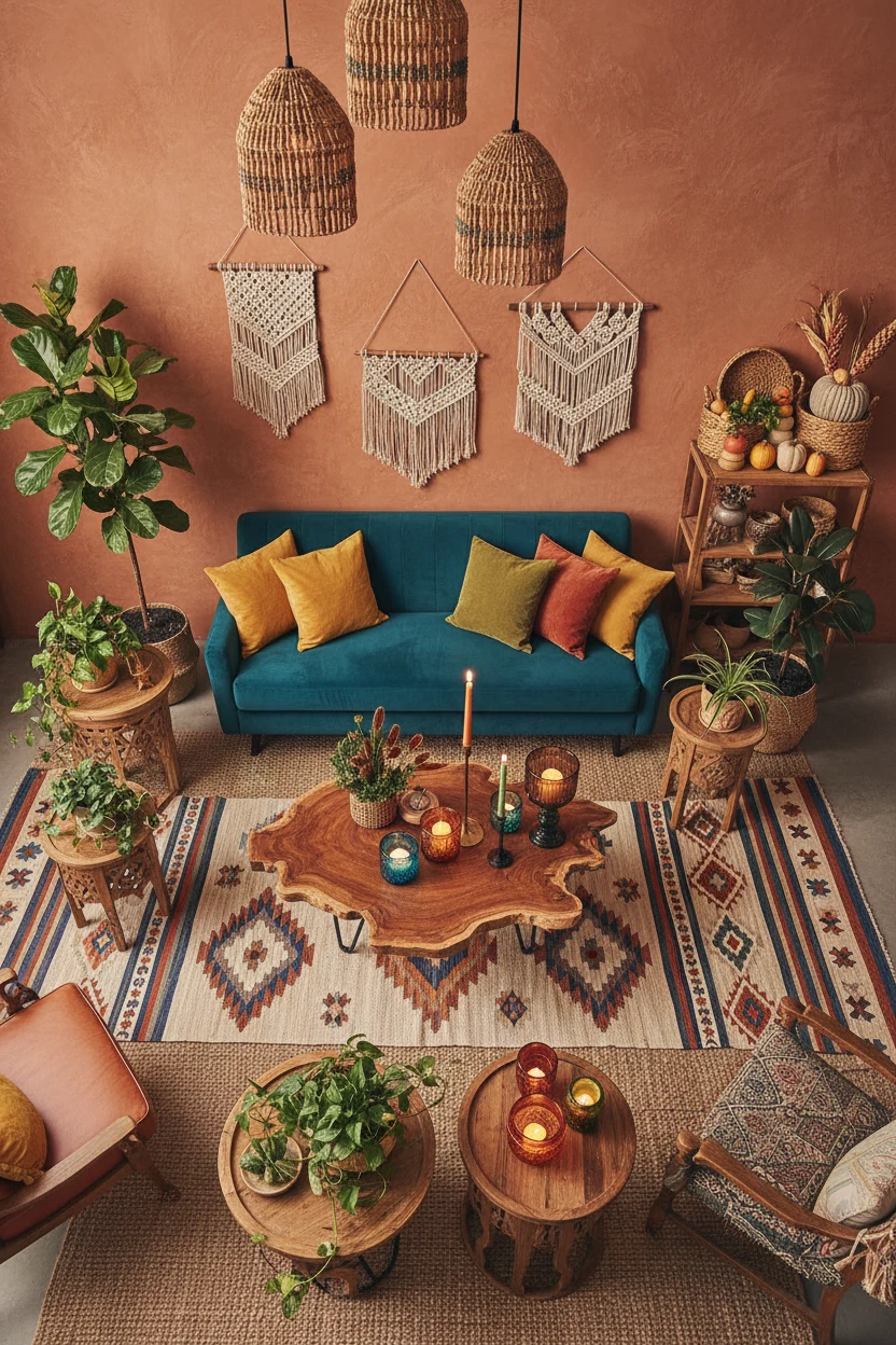 Overhead perspective of eclectic boho harvest living space showcasing terracotta walls, layered rugs with jute base and 