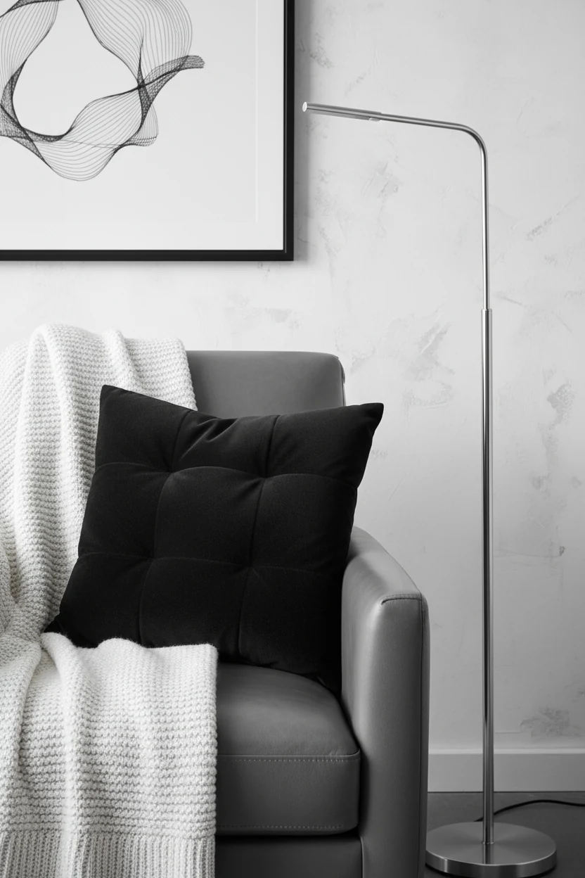 Closeup detail of an elegant monochrome space showing a plush black velvet cushion resting on a smooth gray leather chai