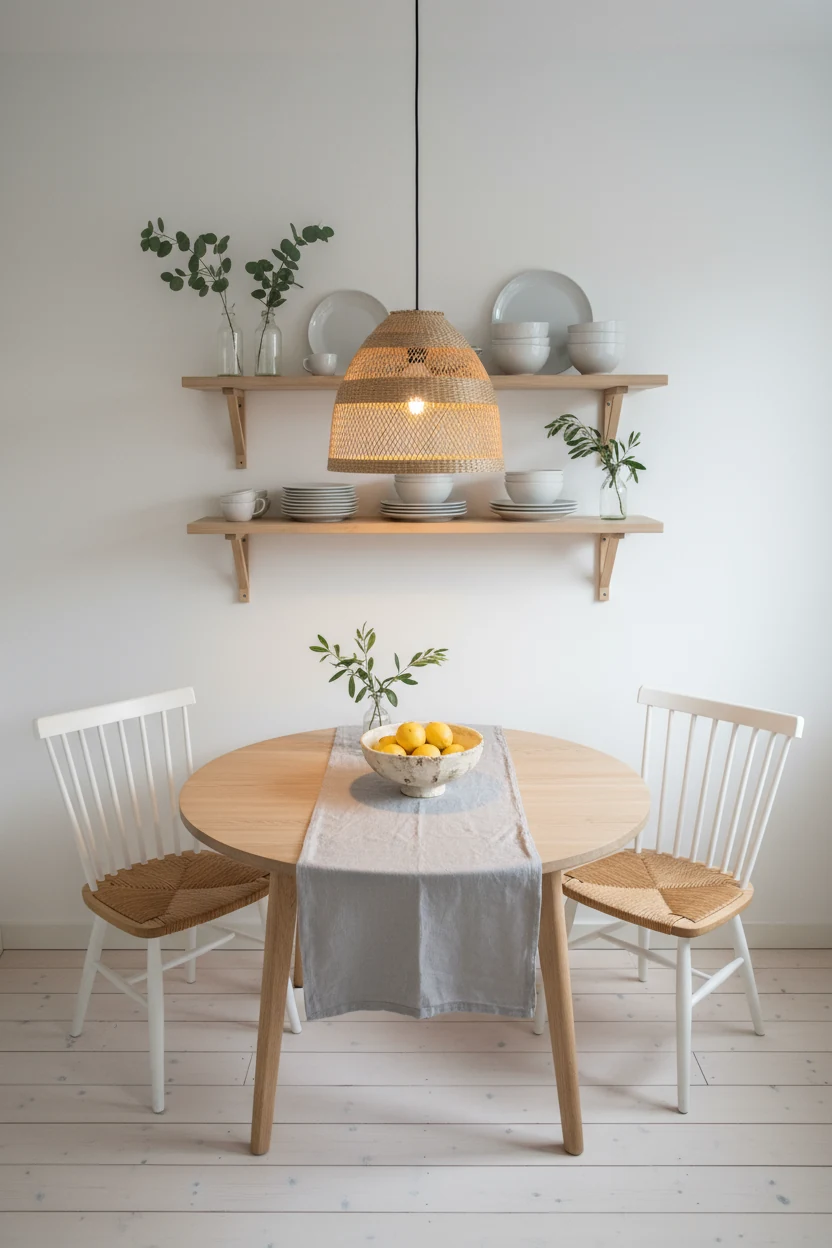 Overhead detail shot of a Scandinavian minimalist kitchen nook, round pale oak table with soft gray linen runner, white-